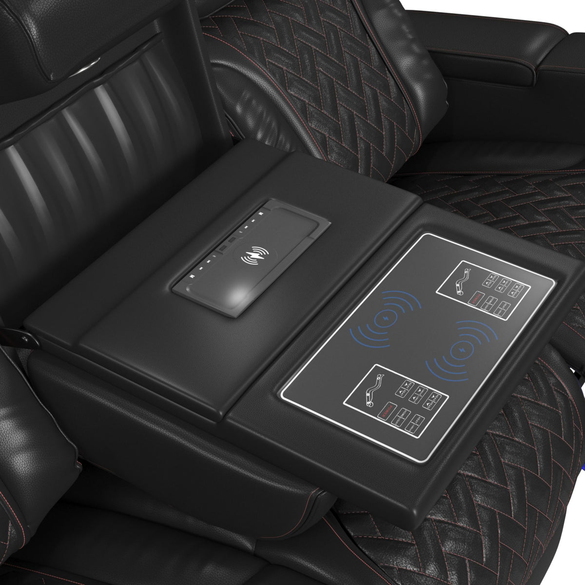 Prime Time Jett Black P3 Sofa with I Table, Reading Light, Heat, Massage, LED, and Speaker with Red Stitching - Ornate Home