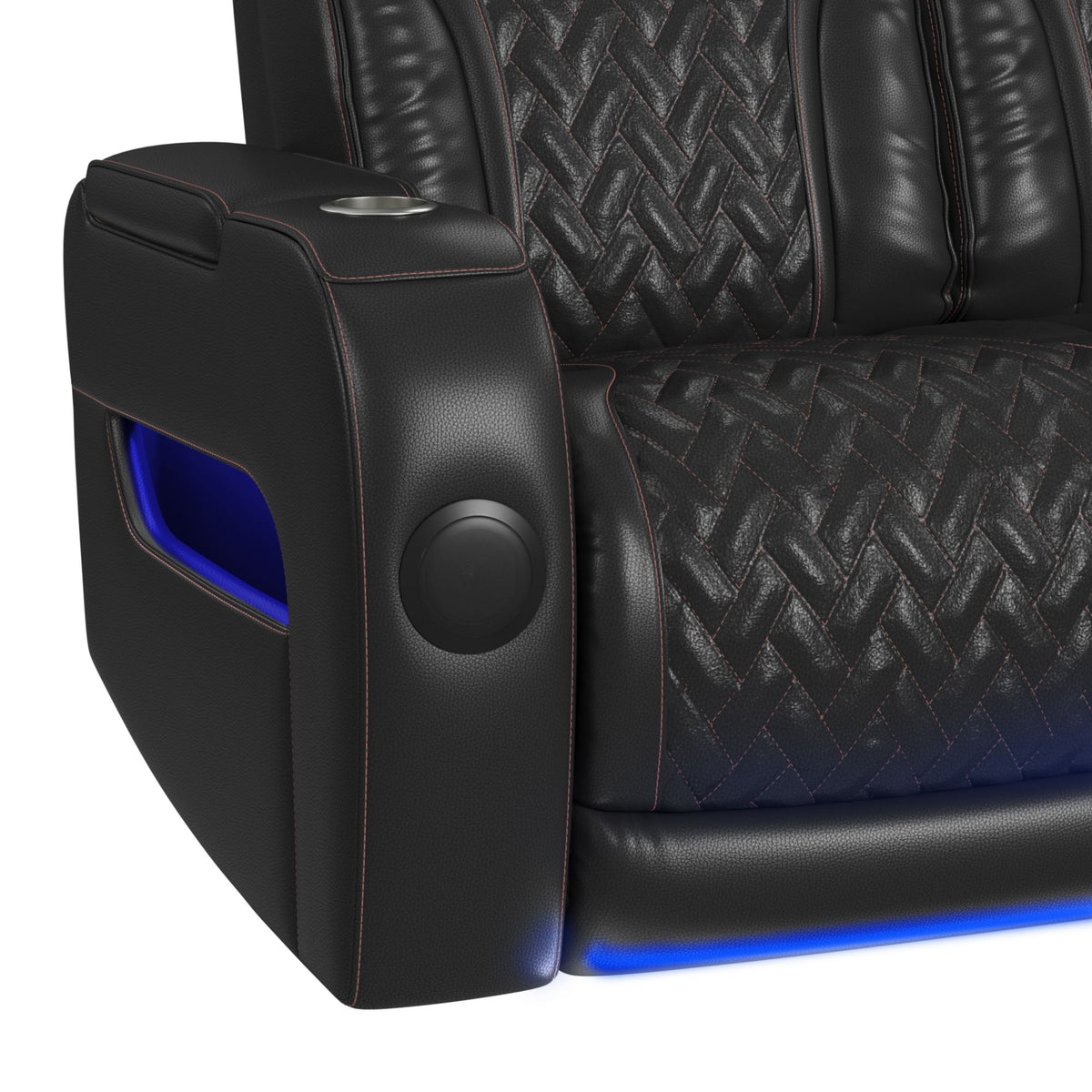 Prime Time Jett Black P3 Sofa with I Table, Reading Light, Heat, Massage, LED, and Speaker with Red Stitching - Ornate Home