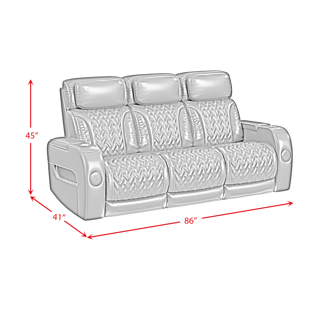 Prime Time Jett Black P3 Sofa with I Table, Reading Light, Heat, Massage, LED, and Speaker with Red Stitching - Ornate Home