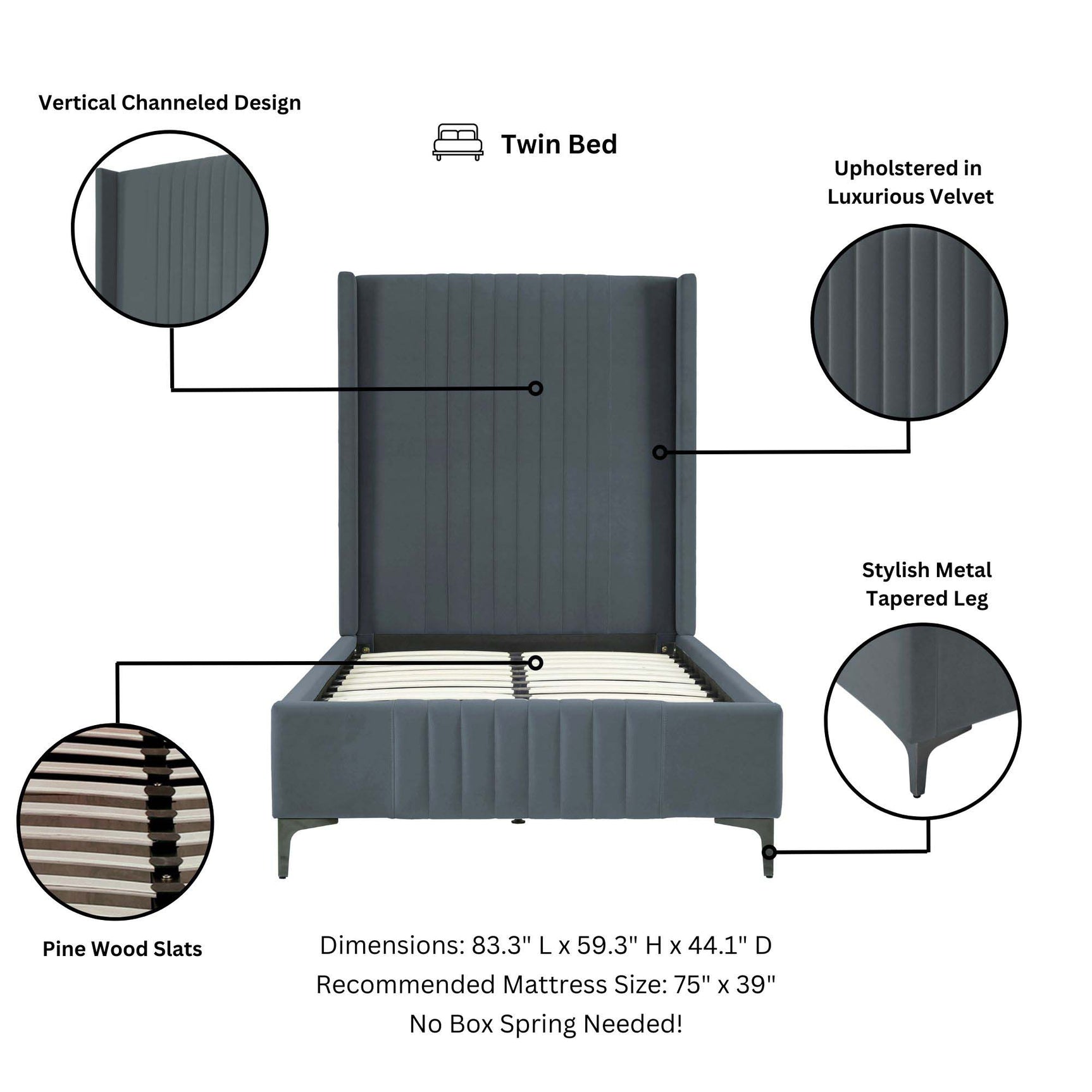 Promenade Twin-Size Bed in Grey - Ornate Home