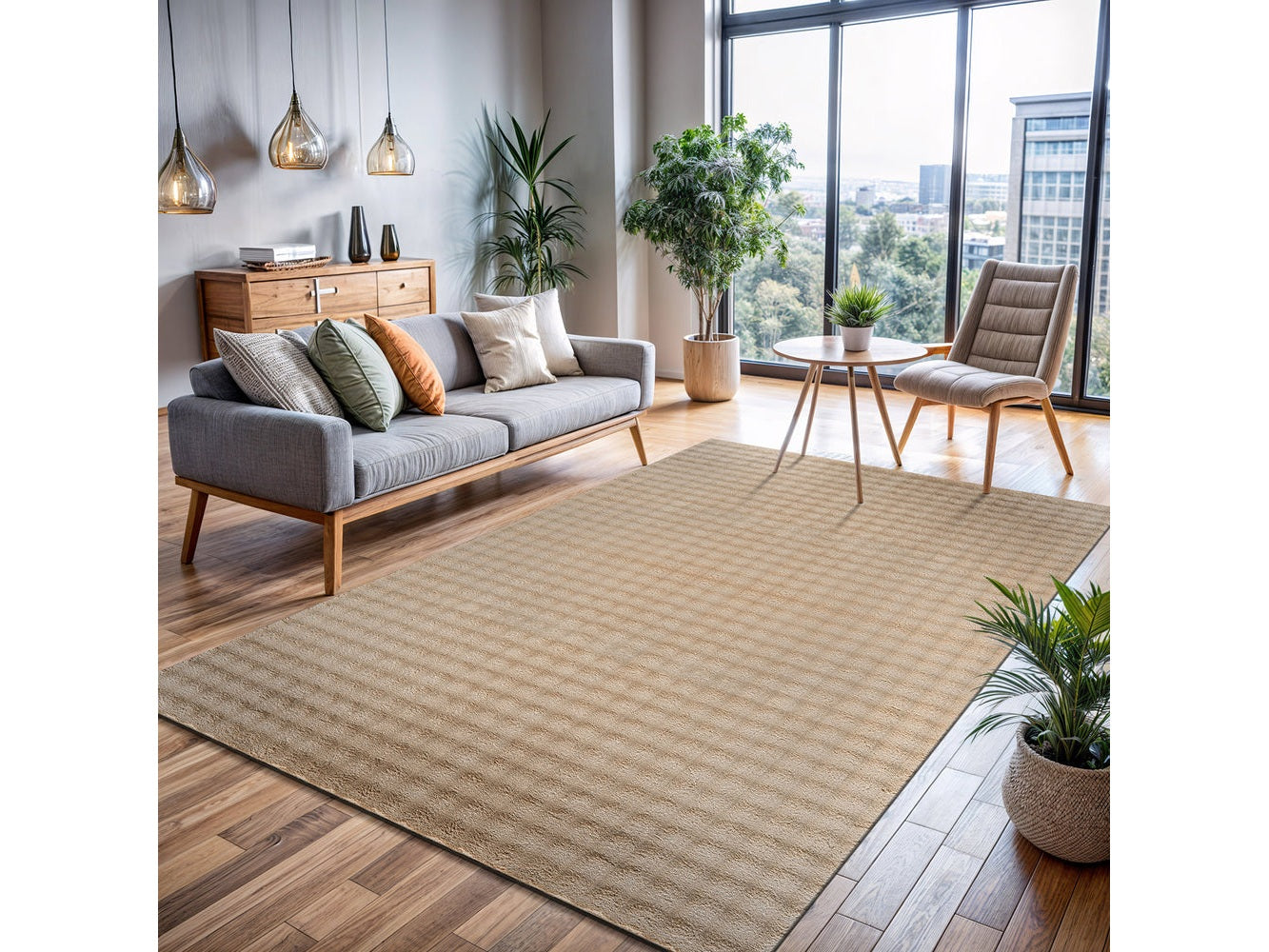 Puff Beige Checkered Ultra Soft Plush Non Slip Washable Area Rugs - Ornate Home