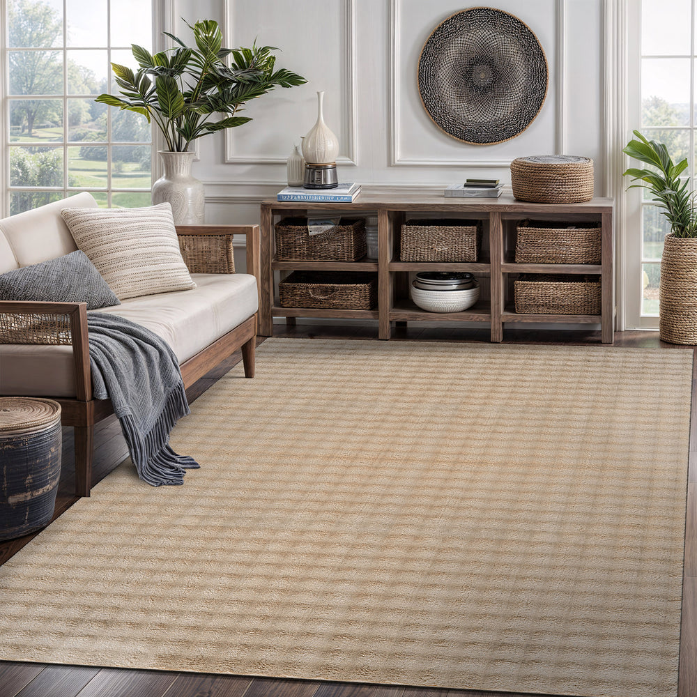 Puff Beige Checkered Ultra Soft Plush Non Slip Washable Area Rugs - Ornate Home