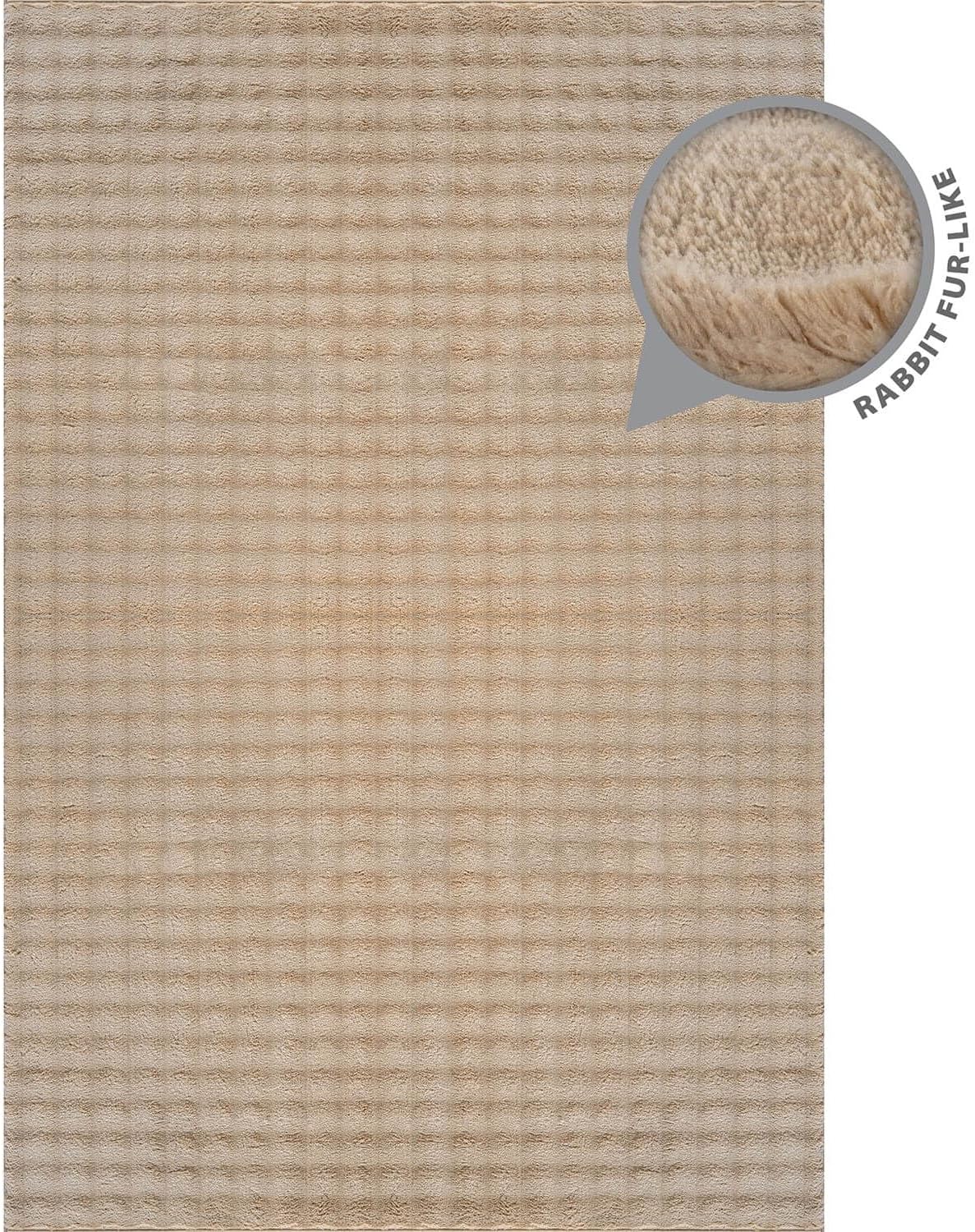 Puff Beige Checkered Ultra Soft Plush Non Slip Washable Area Rugs - Ornate Home