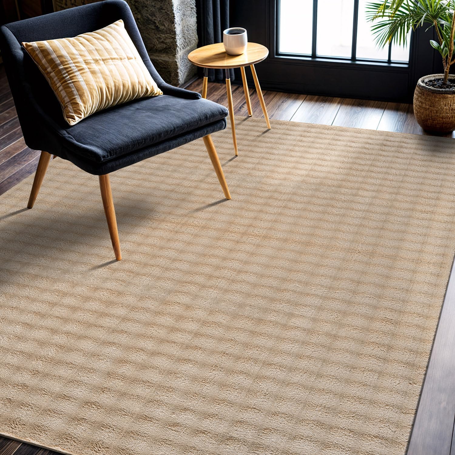 Puff Beige Checkered Ultra Soft Plush Non Slip Washable Area Rugs - Ornate Home