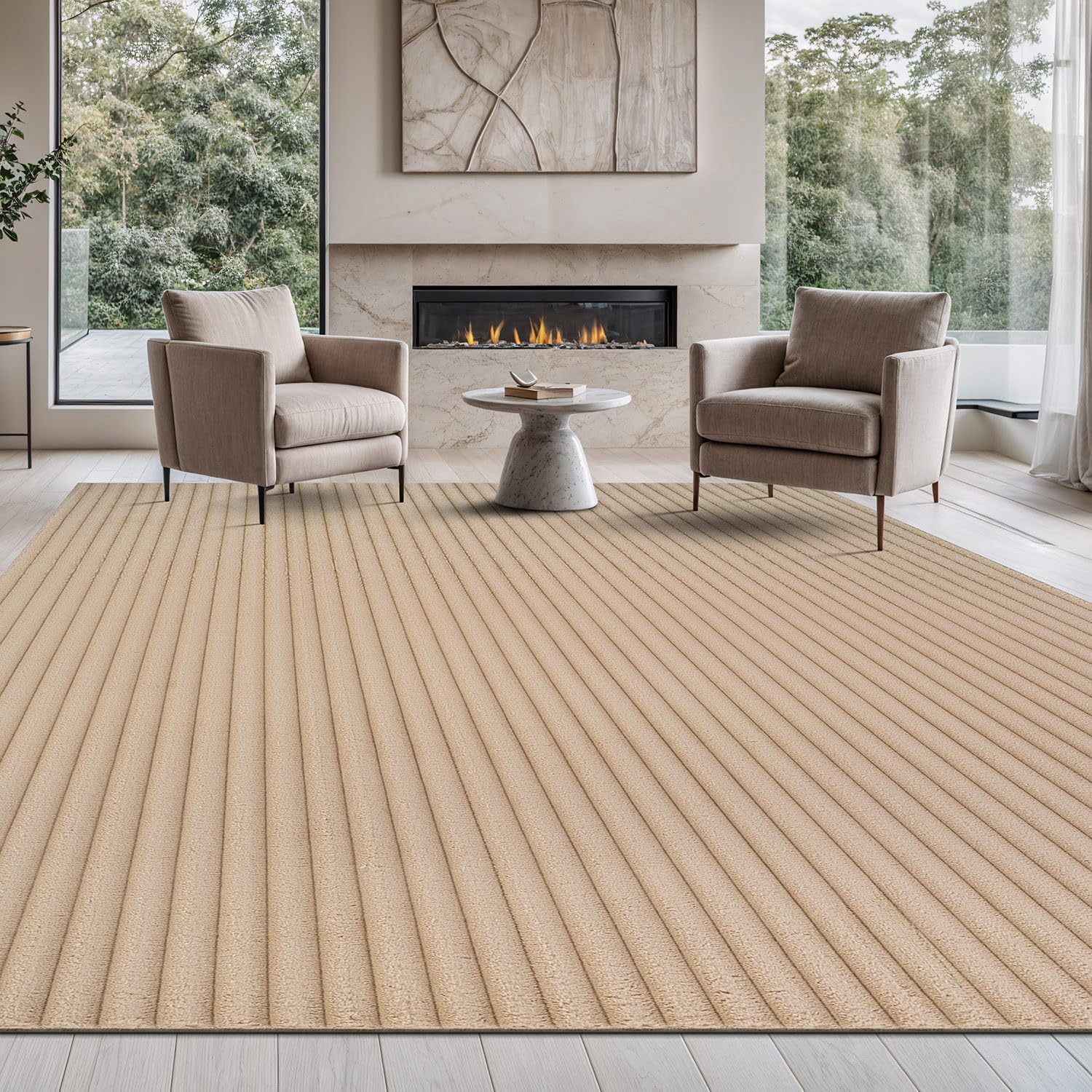 Puff Beige Ribbed Ultra Soft Plush Non Slip Washable Area Rugs - Ornate Home