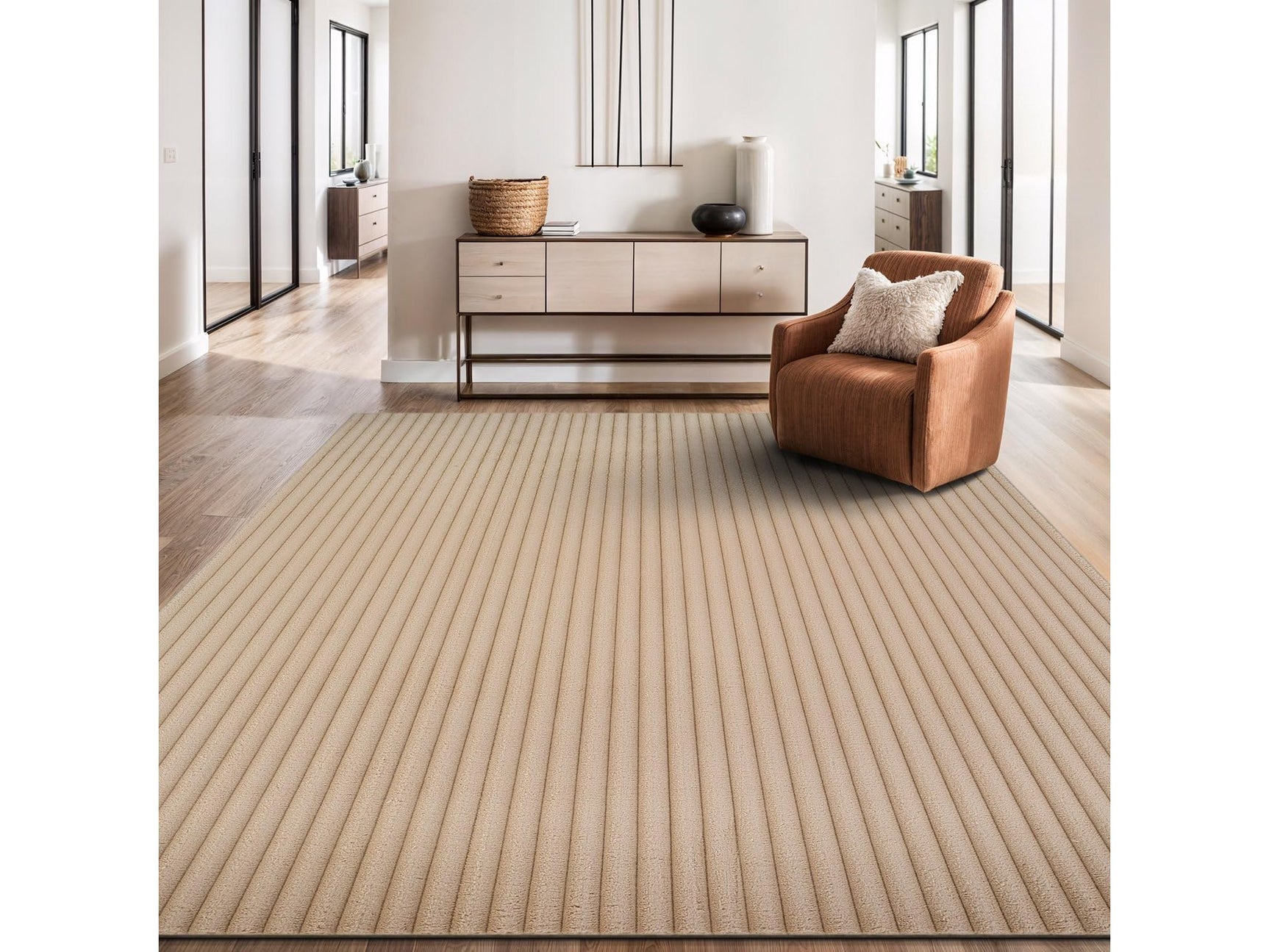 Puff Beige Ribbed Ultra Soft Plush Non Slip Washable Area Rugs - Ornate Home