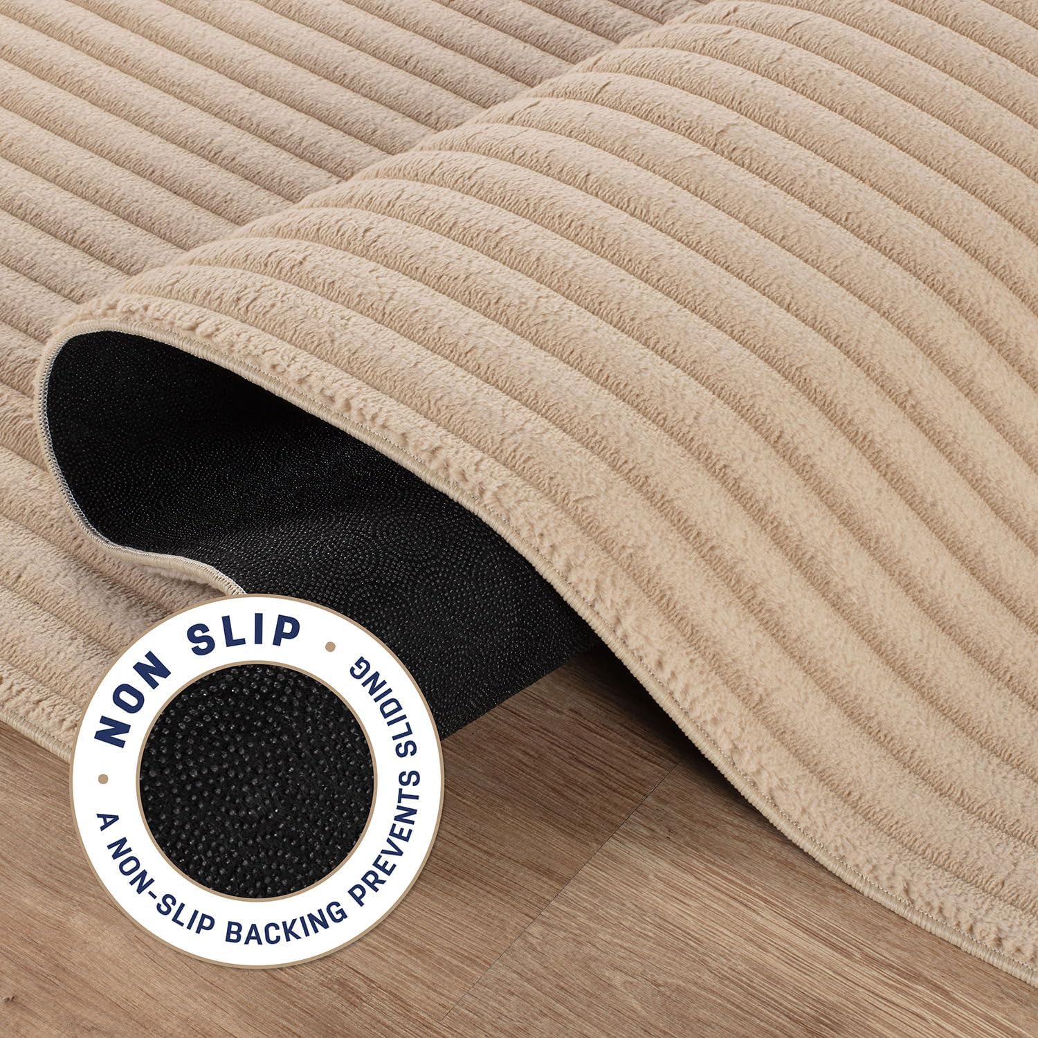 Puff Beige Ribbed Ultra Soft Plush Non Slip Washable Area Rugs - Ornate Home