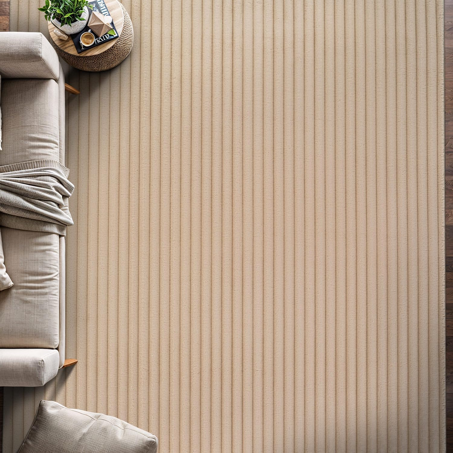 Puff Beige Ribbed Ultra Soft Plush Non Slip Washable Area Rugs - Ornate Home