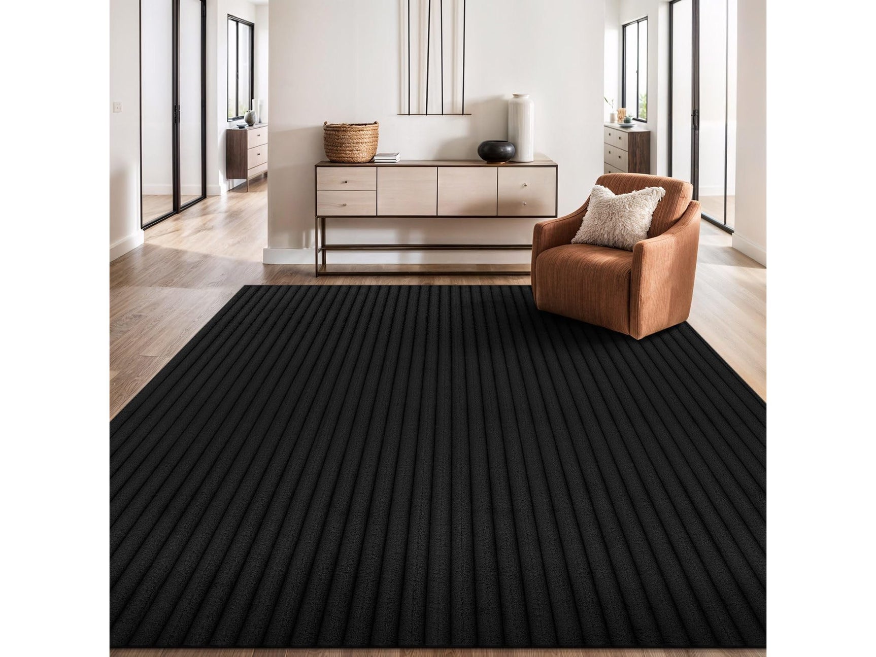 Puff Black Ribbed Ultra Soft Plush Non Slip Washable Area Rugs - Ornate Home