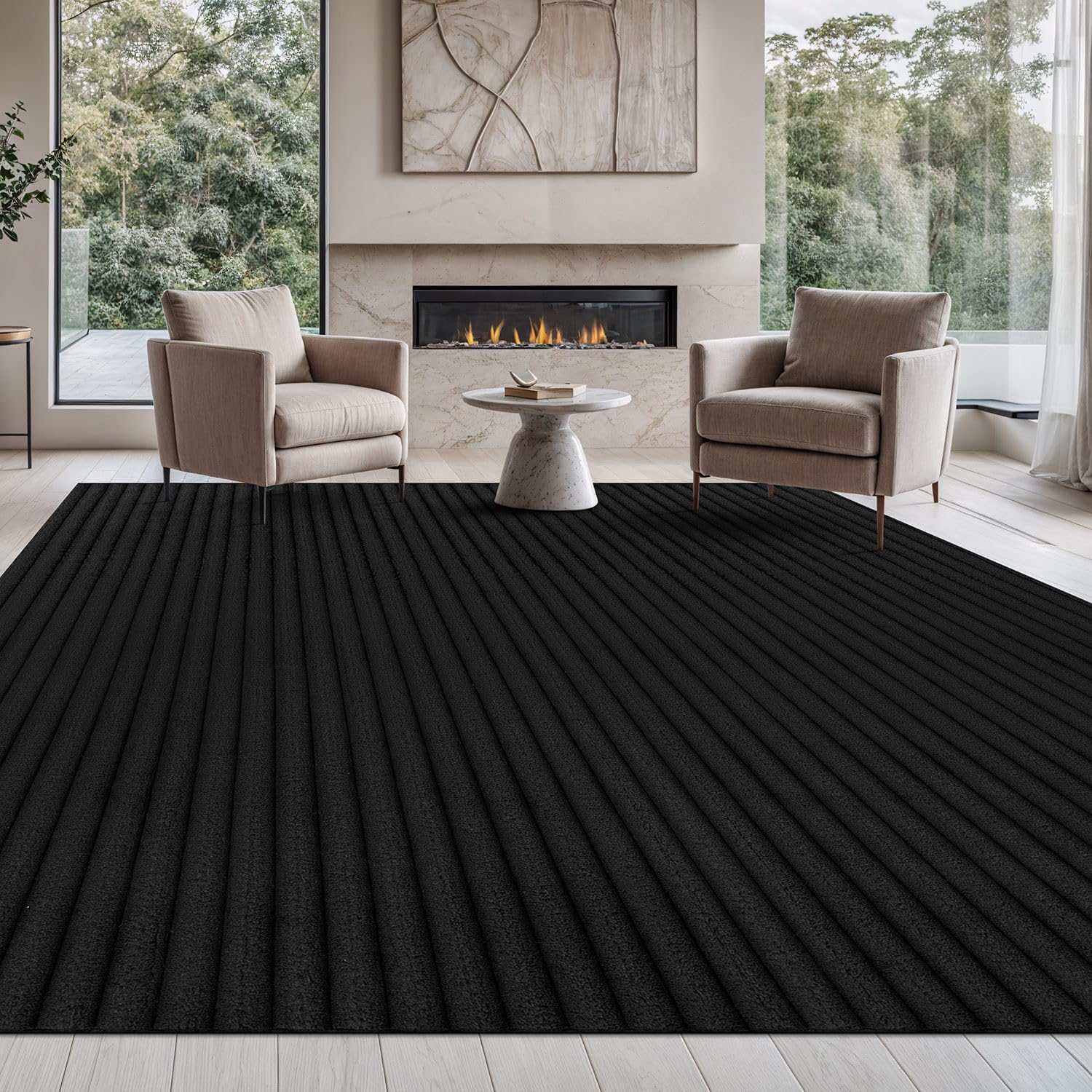 Puff Black Ribbed Ultra Soft Plush Non Slip Washable Area Rugs - Ornate Home