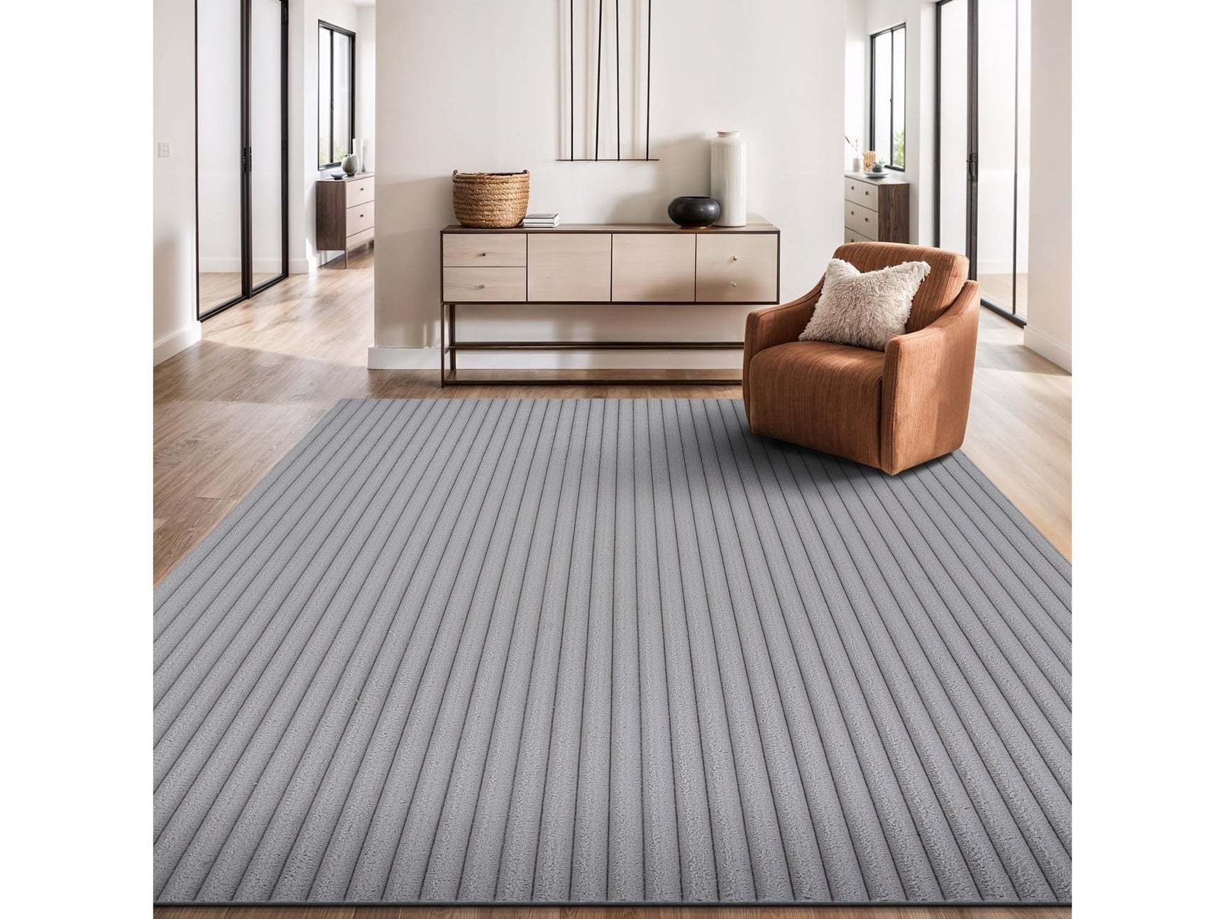 Puff Gray Ribbed Ultra Soft Plush Non Slip Washable Area Rugs - Ornate Home