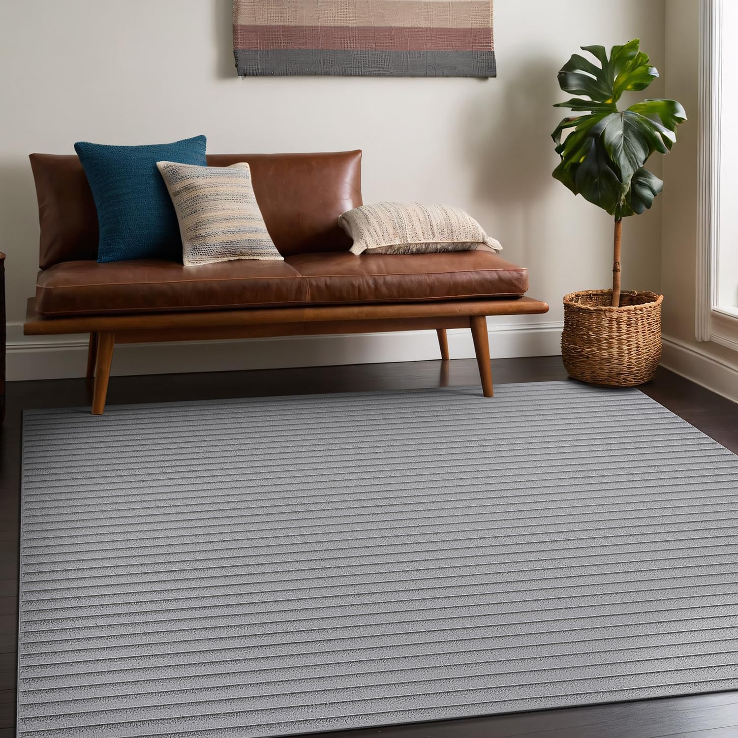 Puff Gray Ribbed Ultra Soft Plush Non Slip Washable Area Rugs - Ornate Home