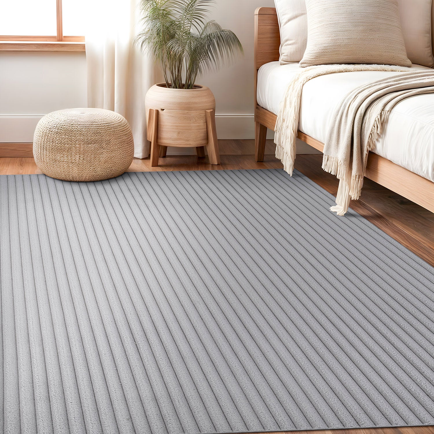 Puff Gray Ribbed Ultra Soft Plush Non Slip Washable Area Rugs - Ornate Home