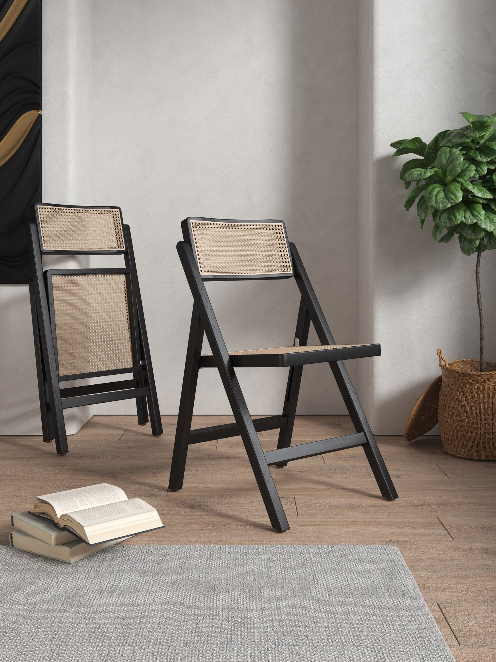 Pullman Folding Dining Chair in Black and Natural Cane (set of 2) - Ornate Home