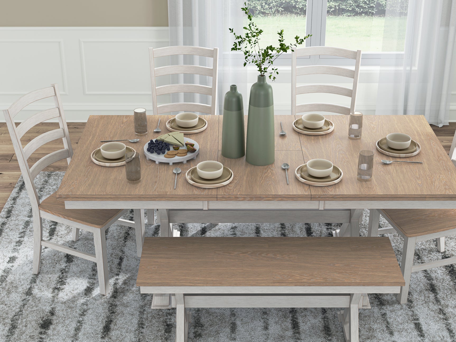 Purlaney Antique White/Natural Extension Dining Table, 4 Chairs and Bench (Online Special Price) - Ornate Home