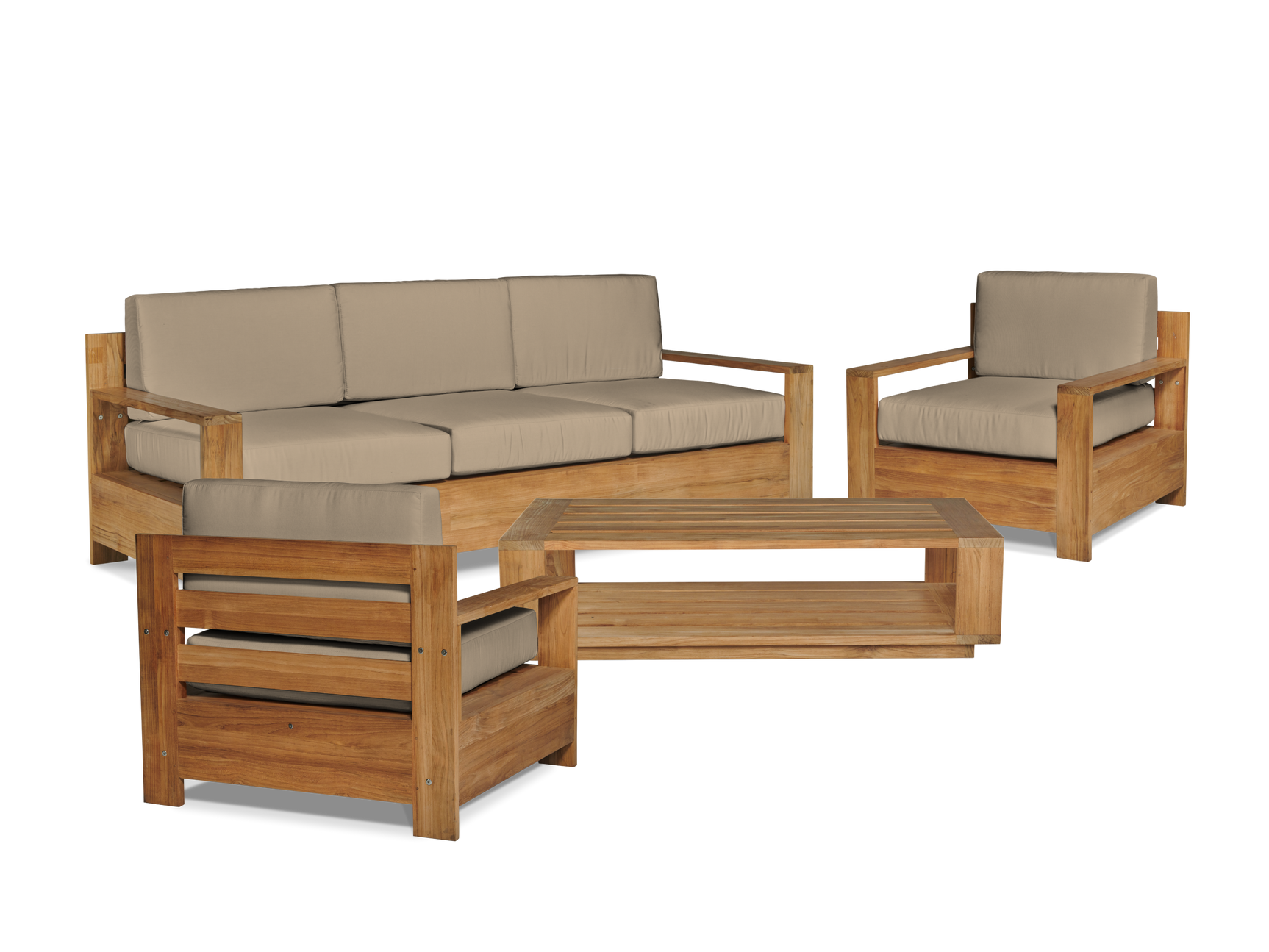 Qube 3-Person Teak Fawn Outdoor Sofa with Sunbrella® Cushion - Ornate Home