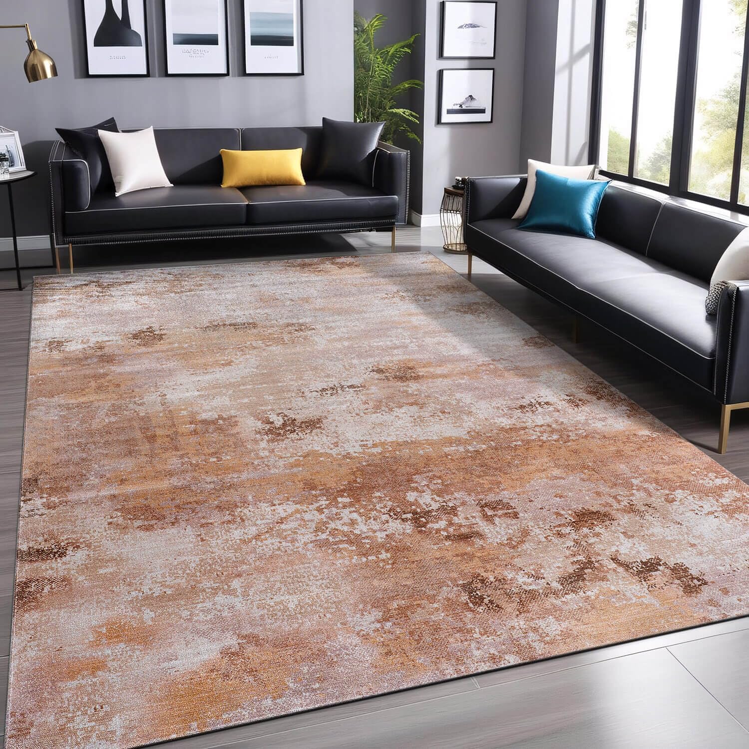 Queen Beige Modern Abstract Easy Silk Rubber Backing Soft Area Rug - Ornate Home