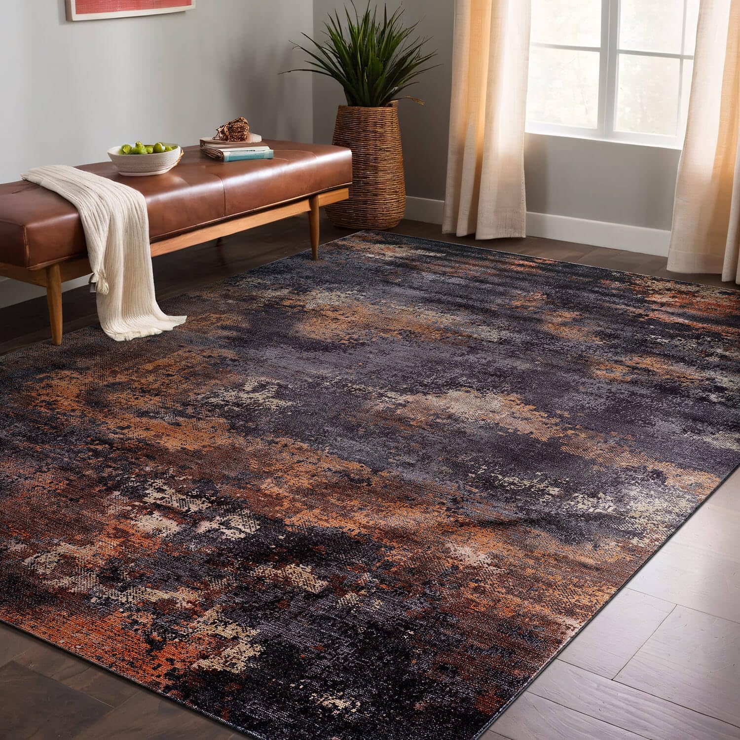 Queen Black Modern Abstract Easy Silk Rubber Backing Soft Area Rug 5x7 - Ornate Home