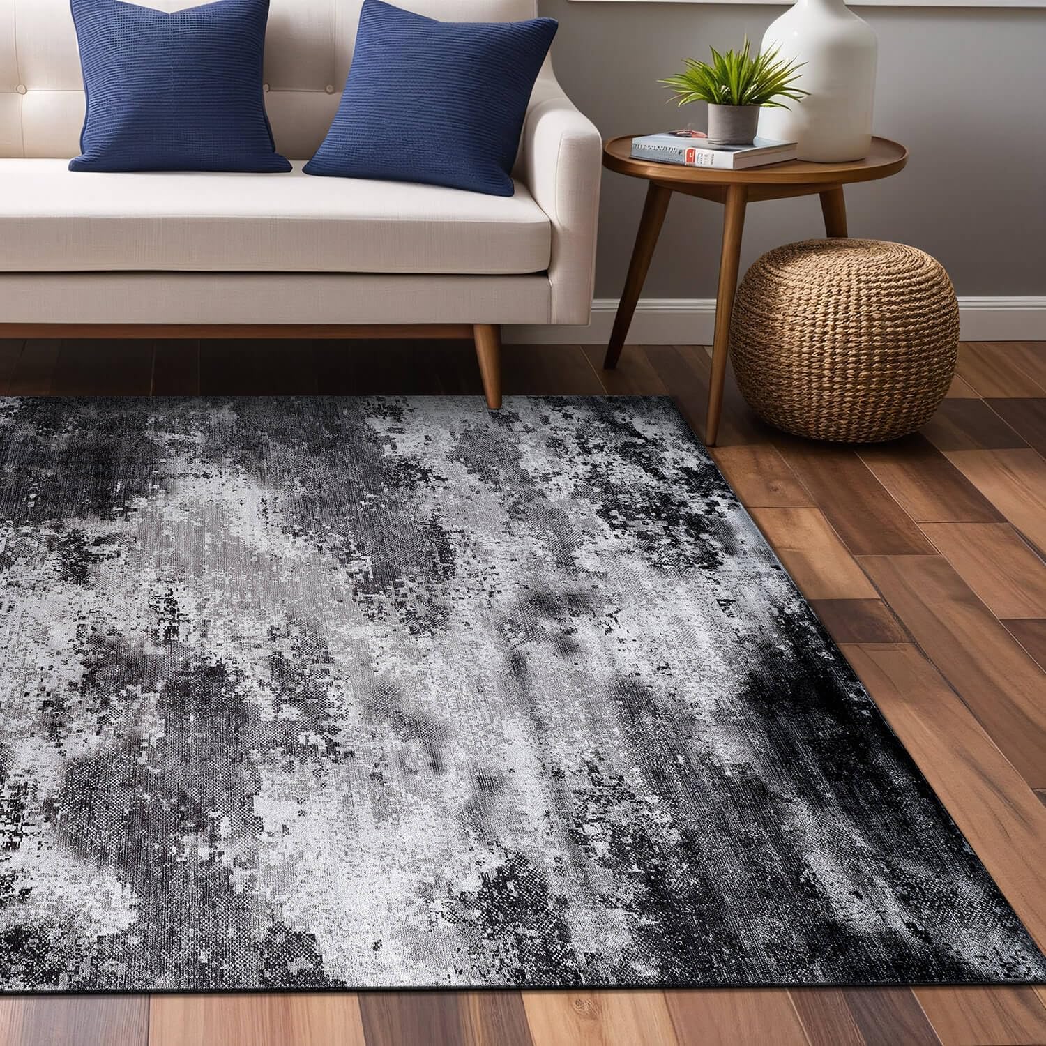 Queen Gray Modern Abstract Easy Silk Rubber Backing Soft Area Rug - Ornate Home