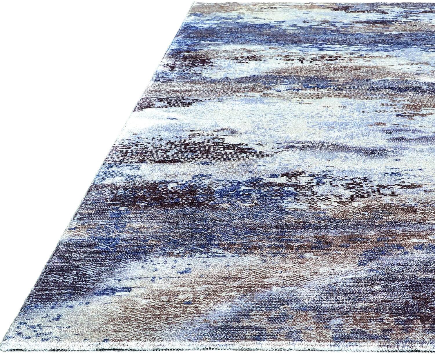 Queen Navy Modern Abstract Easy Silk Rubber Backing Soft Area Rug - Ornate Home