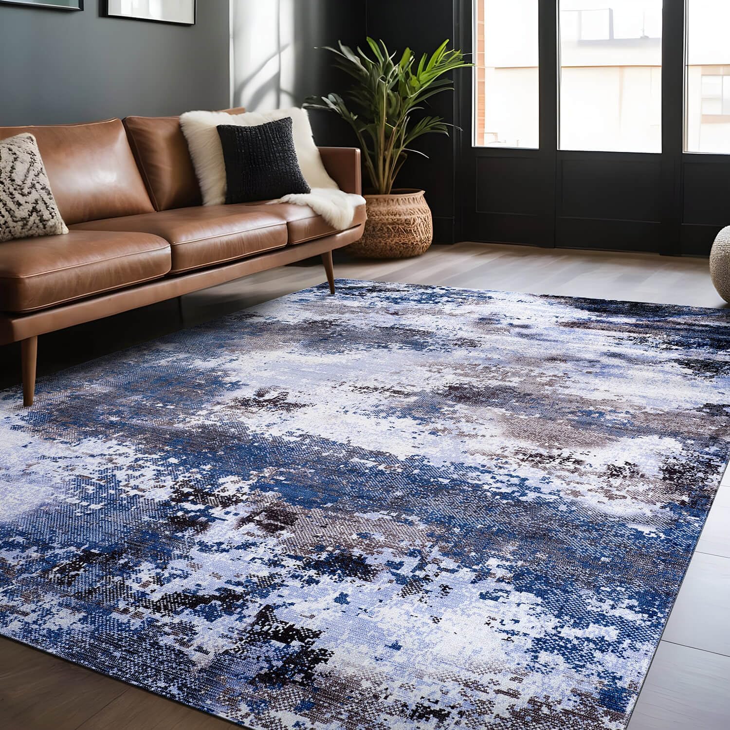 Queen Navy Modern Abstract Easy Silk Rubber Backing Soft Area Rug - Ornate Home