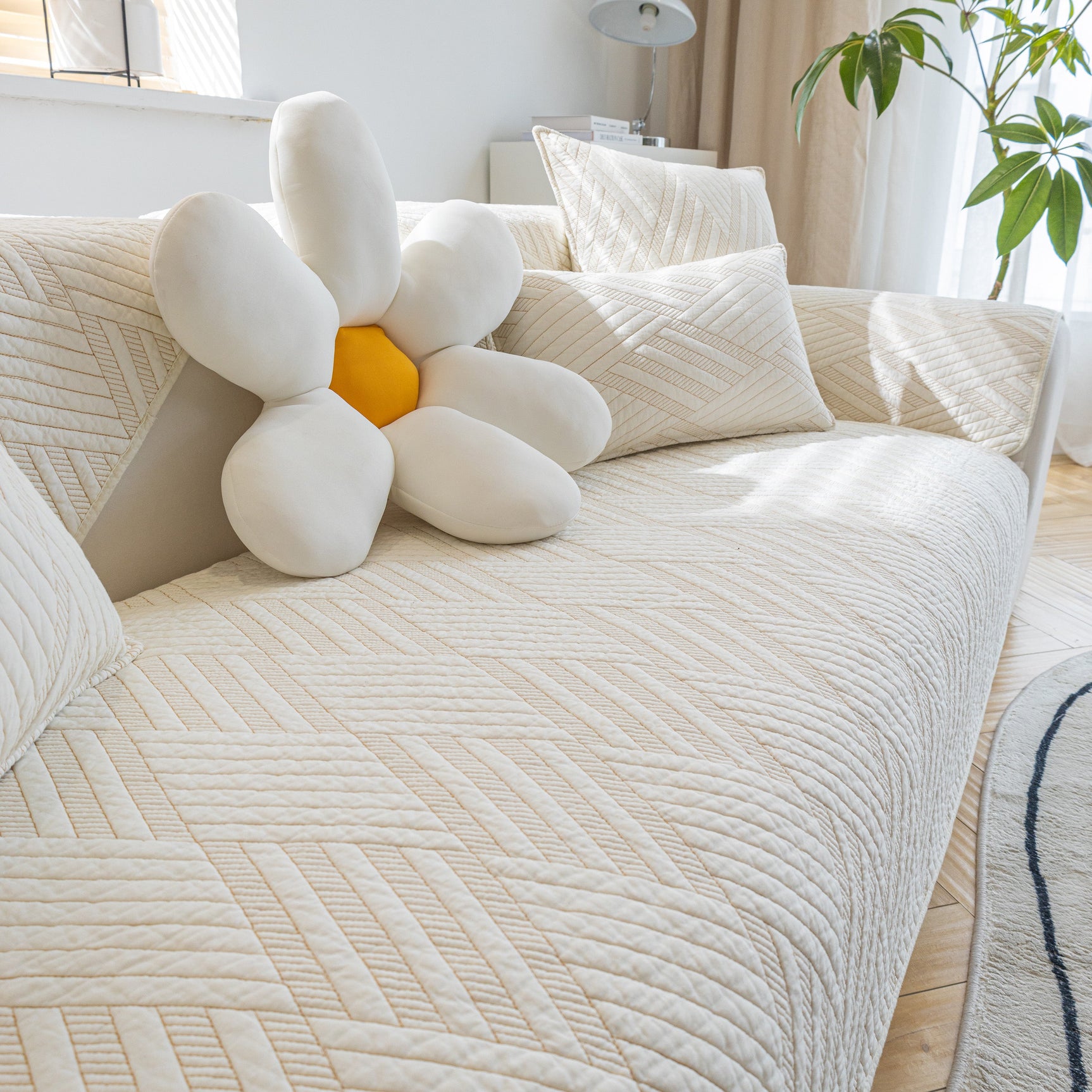 Quilted Geometric Cotton Sofa Cover, Non-Slip & Thick Padded Furniture Covers - Ornate Home