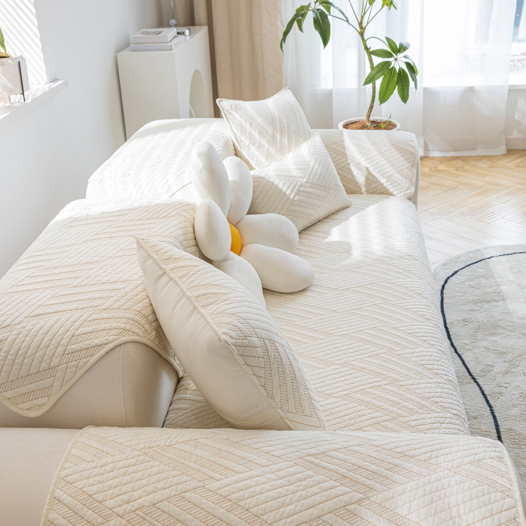 Quilted Geometric Cotton Sofa Cover, Non-Slip & Thick Padded Furniture Covers - Ornate Home