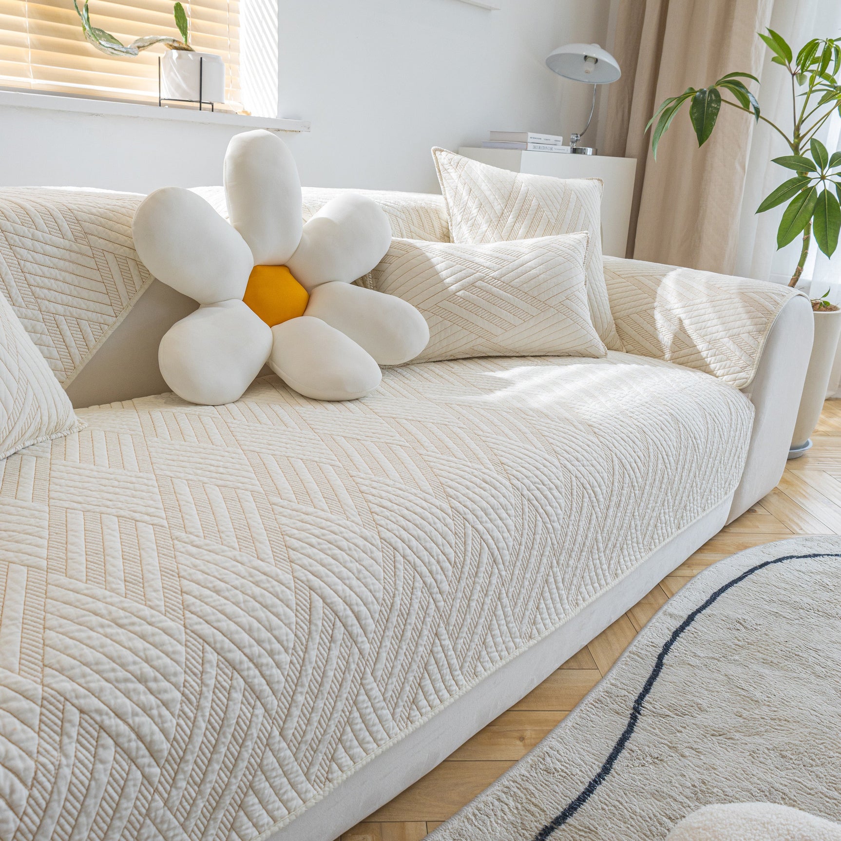 Quilted Geometric Cotton Sofa Cover, Non-Slip & Thick Padded Furniture Covers - Ornate Home