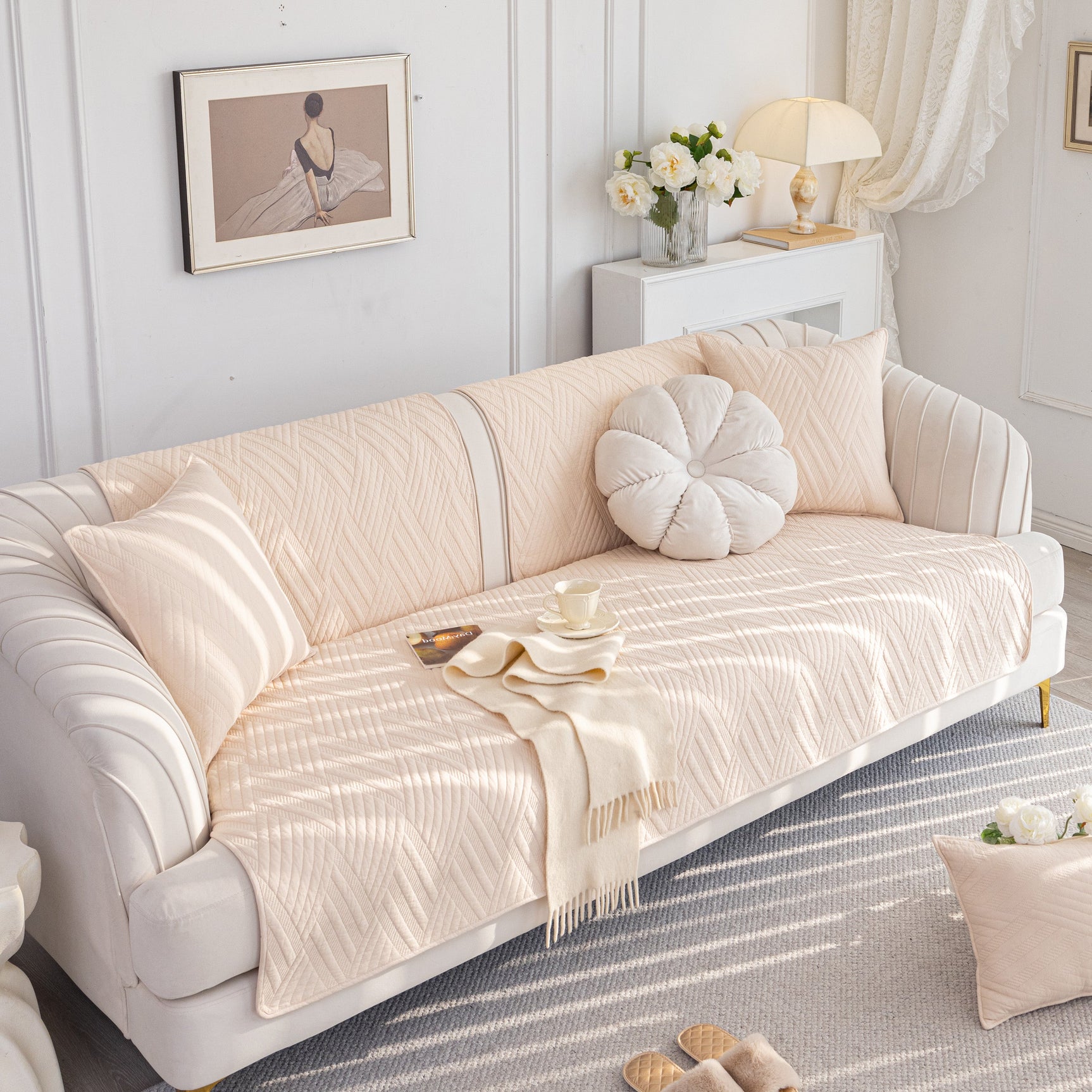 Quilted Geometric Cotton Sofa Cover, Non-Slip & Thick Padded Furniture Covers - Ornate Home