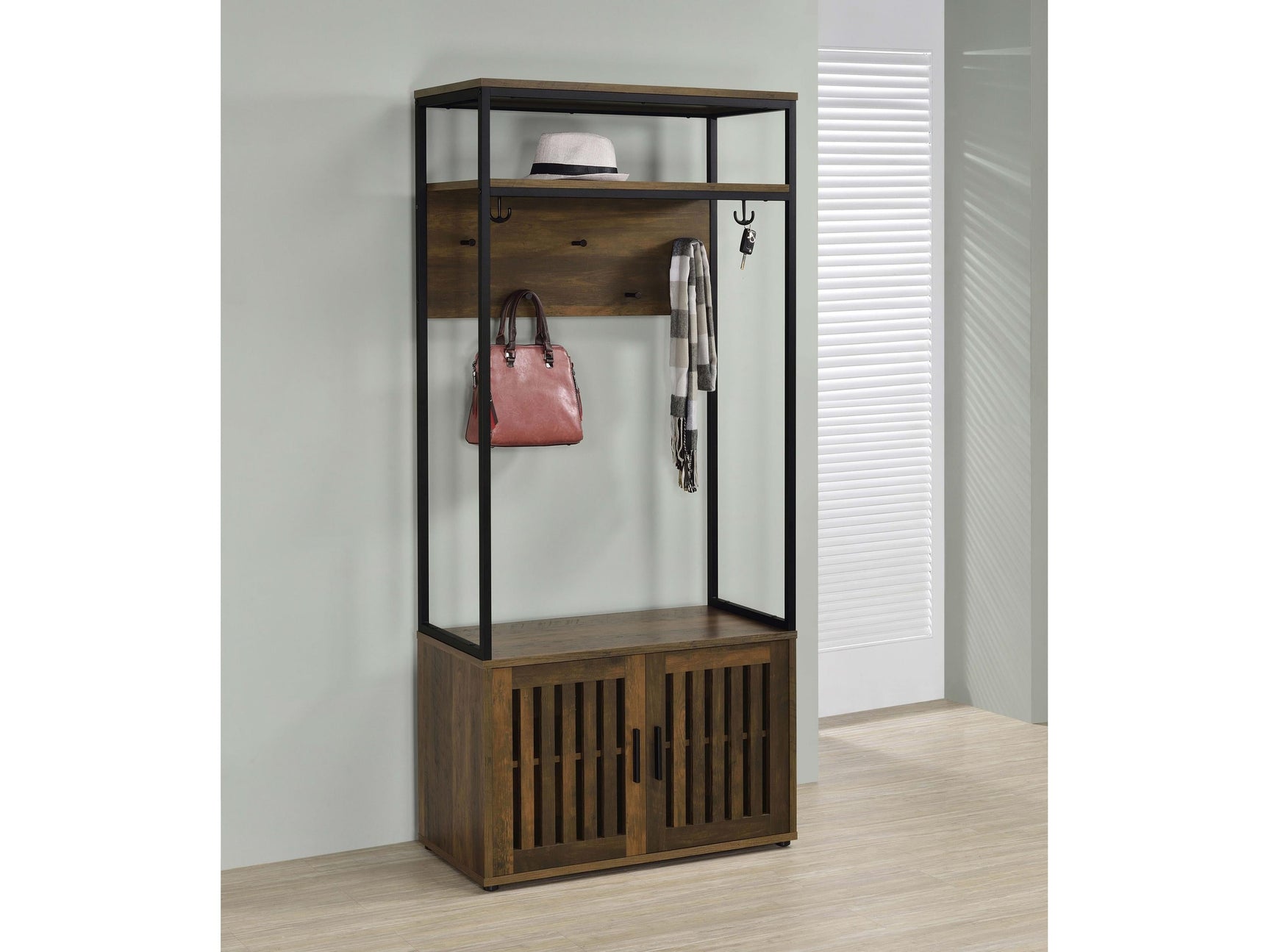 Quincy Dark Pine 2-door Coat Rack Hall Tree Storage Bench - Ornate Home