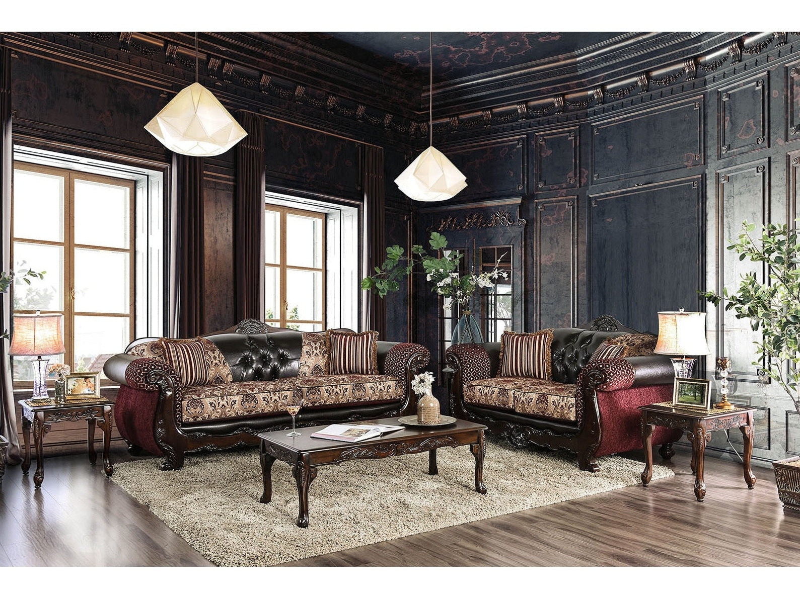 Quirino Burgundy/Dark Brown Sofa & Loveseat - Ornate Home