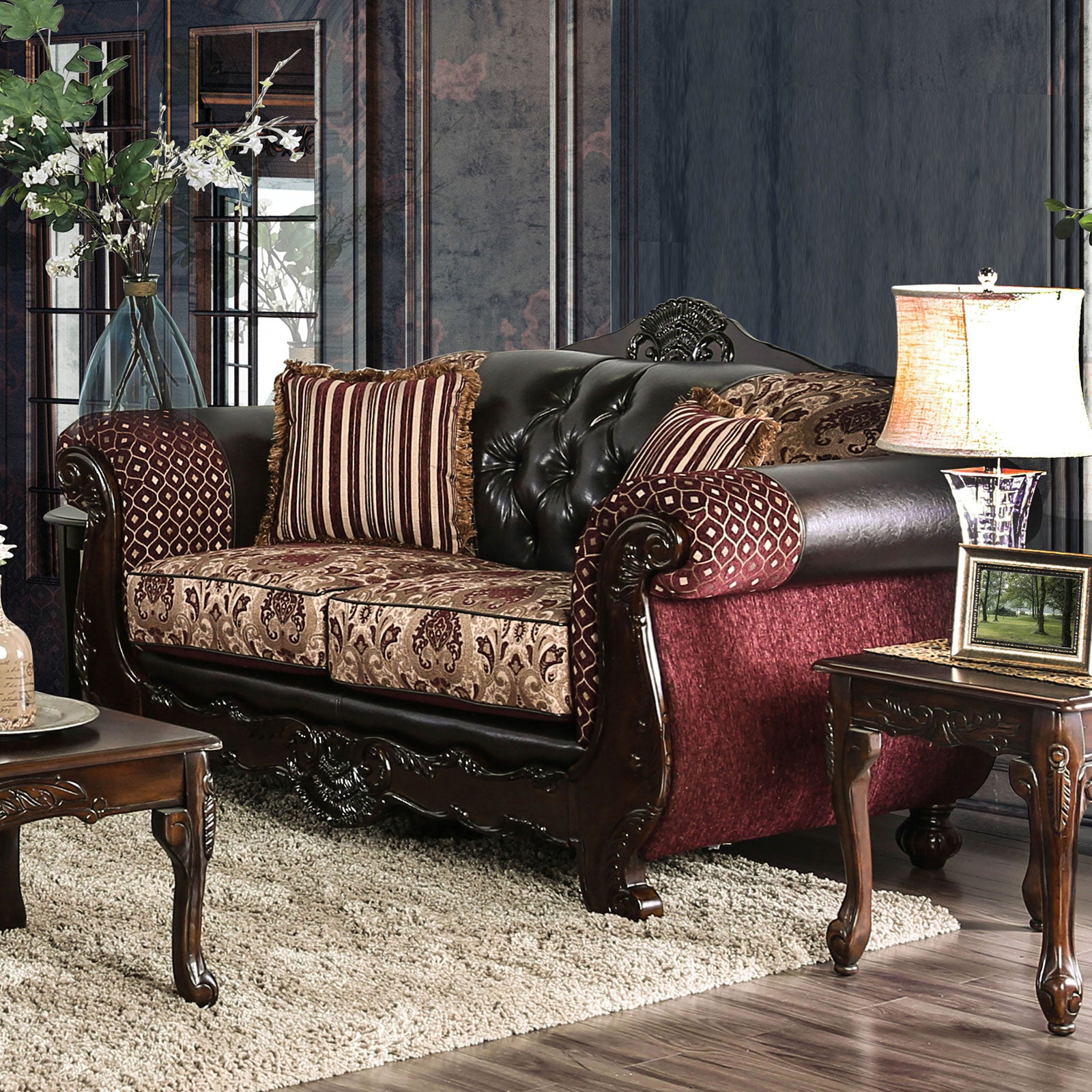 Quirino Burgundy/Dark Brown Sofa & Loveseat - Ornate Home