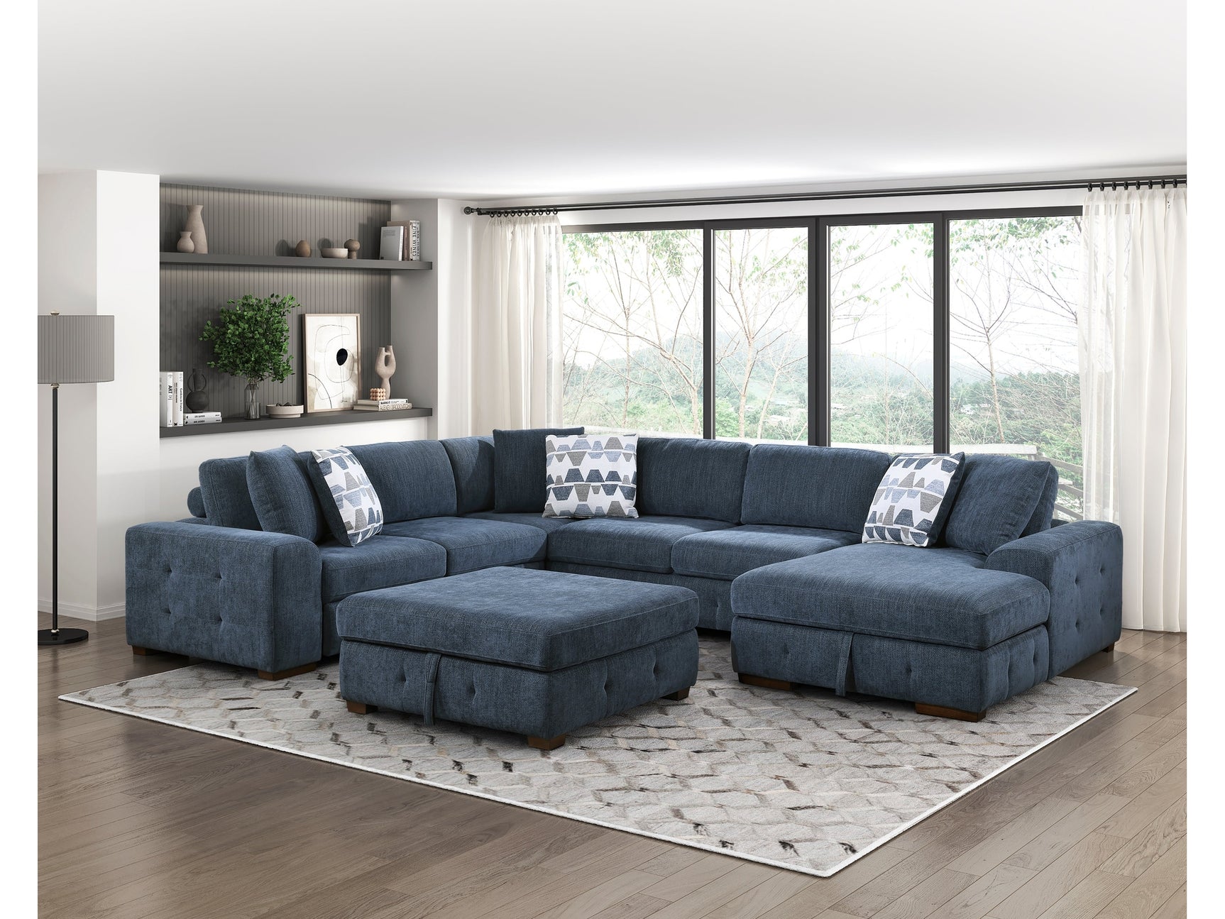 Raife Blue 5-Piece Sectional with Right Chaise & Storage Ottoman - Ornate Home