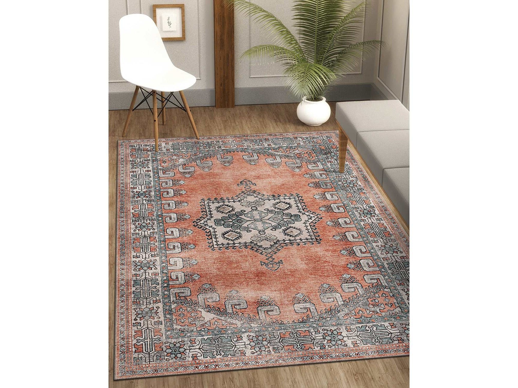 Rain Persian Orange Distressed Vintage Non-Slip Indoor Area Rug / 5'x7 - Ornate Home