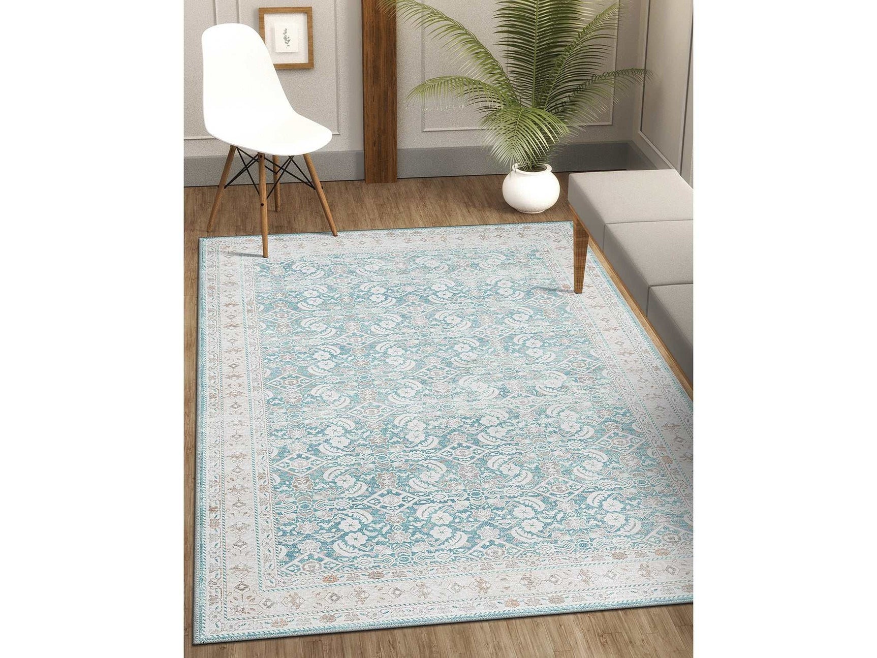 Rain Persian Teal Distressed Vintage Non-Slip Indoor Area Rug / 5'x7 - Ornate Home
