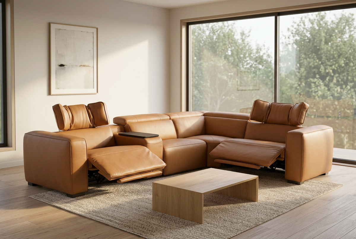 Rally Pro Caramel 5-Piece L-Shaped Dual Power Reclining Sectional with Console & Immersive Sound System