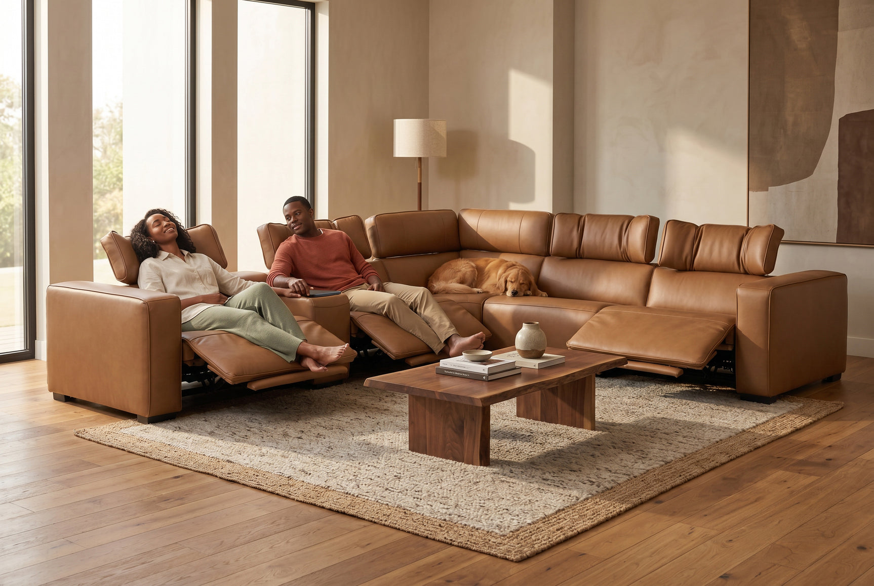 Rally Pro Caramel 6-Piece Power Reclining Sectional with Console and Immersive Sound System - Ornate Home
