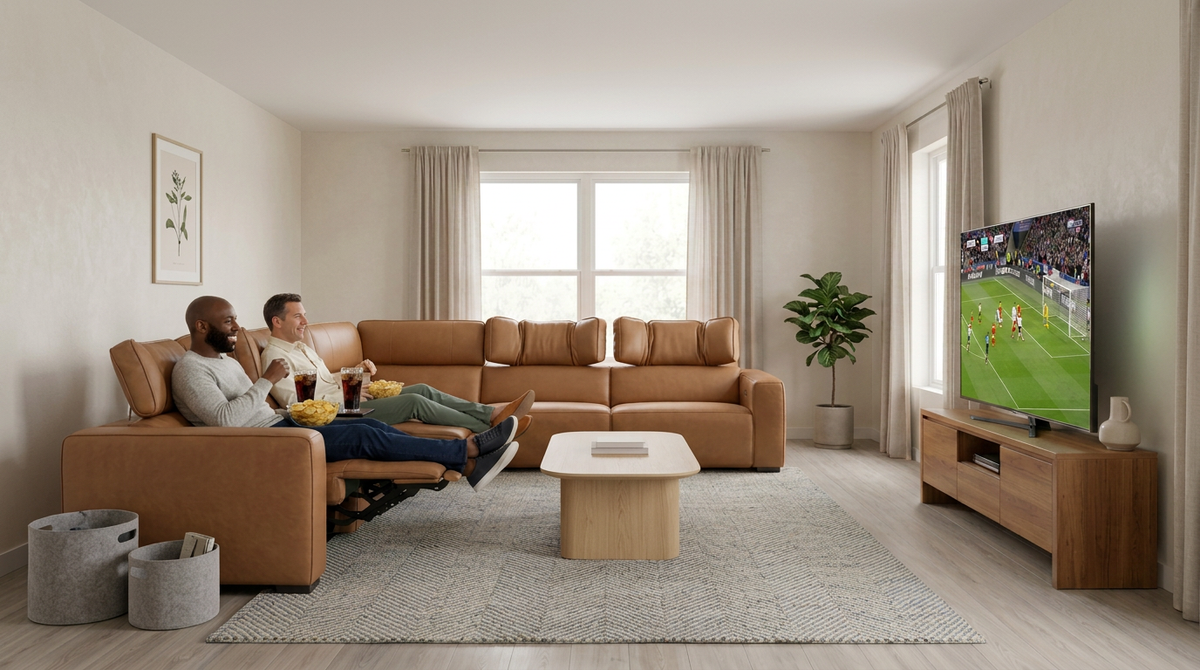 Rally Pro Caramel 6-Piece Power Reclining Sectional with Console and Immersive Sound System - Ornate Home