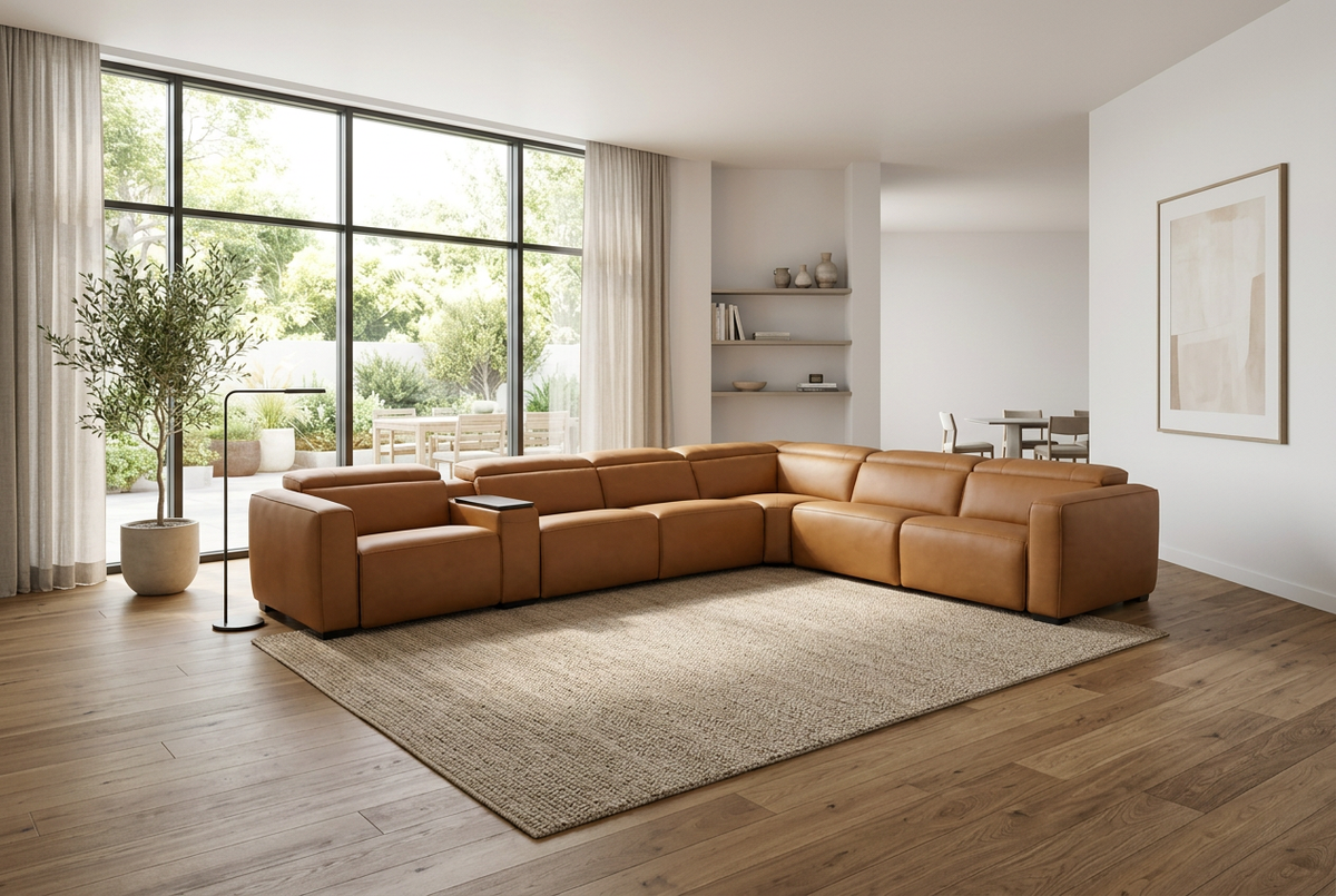 Rally Pro Caramel 7-Piece L-Shaped Dual Power Reclining Sectional with Console & Immersive Sound System
