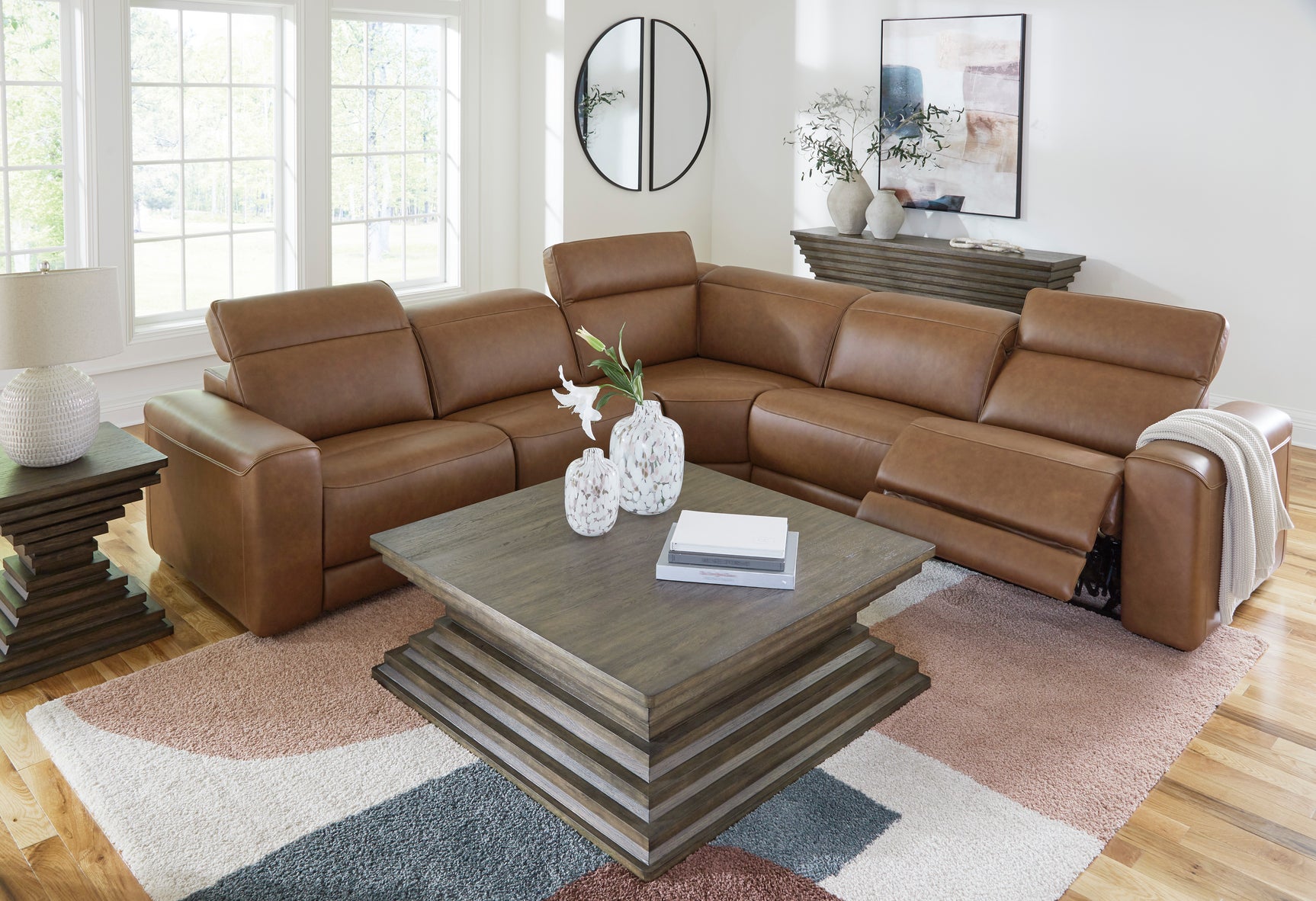 Rally-Up Caramel 5-Piece Dual Power Leather Reclining Modular Sectional - Ornate Home