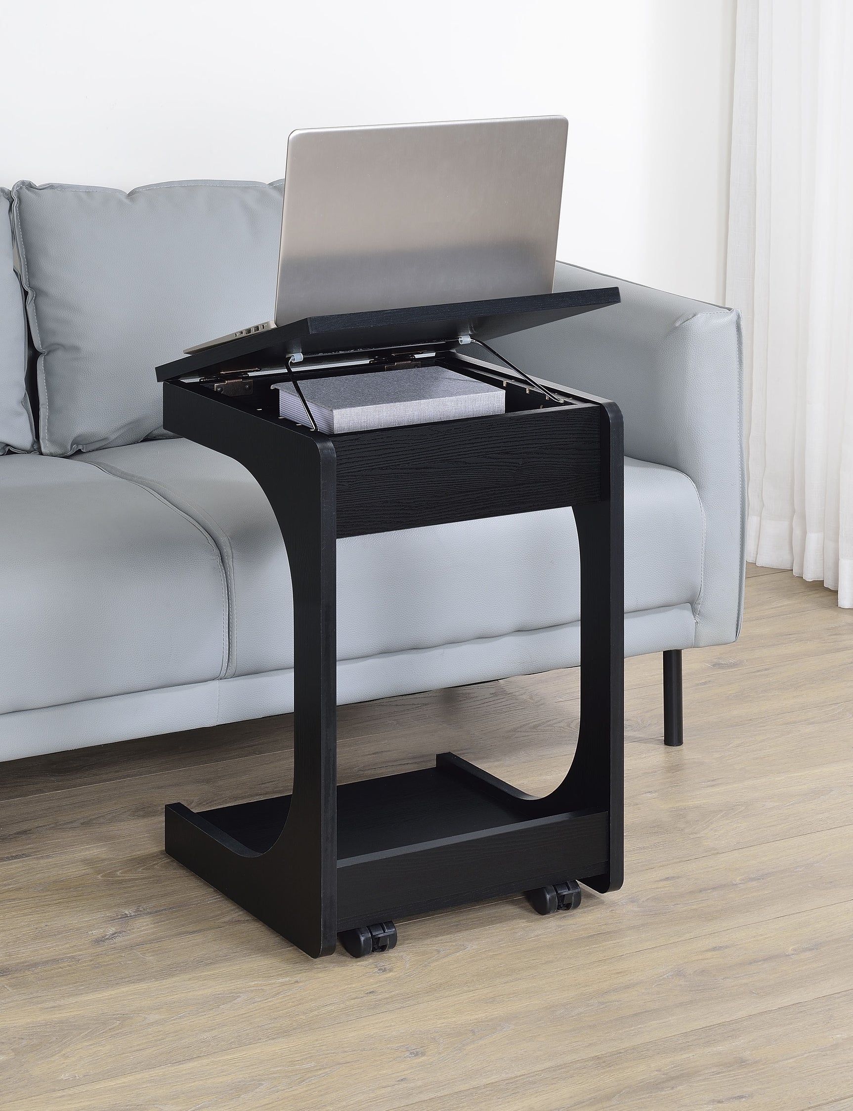 Ralston Black C-Shaped Lift-Top Sofa Side Table With Casters - Ornate Home
