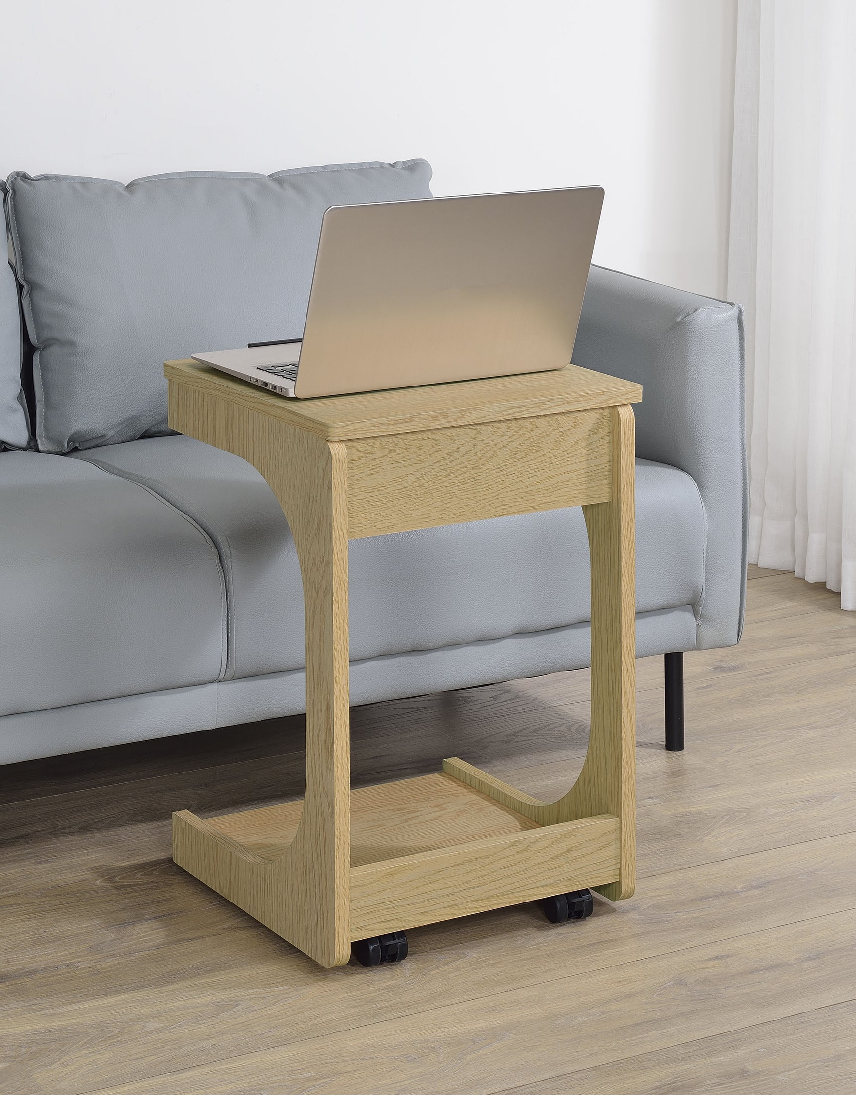 Ralston Light Oak C-Shaped Lift-Top Sofa Side Table With Casters - Ornate Home