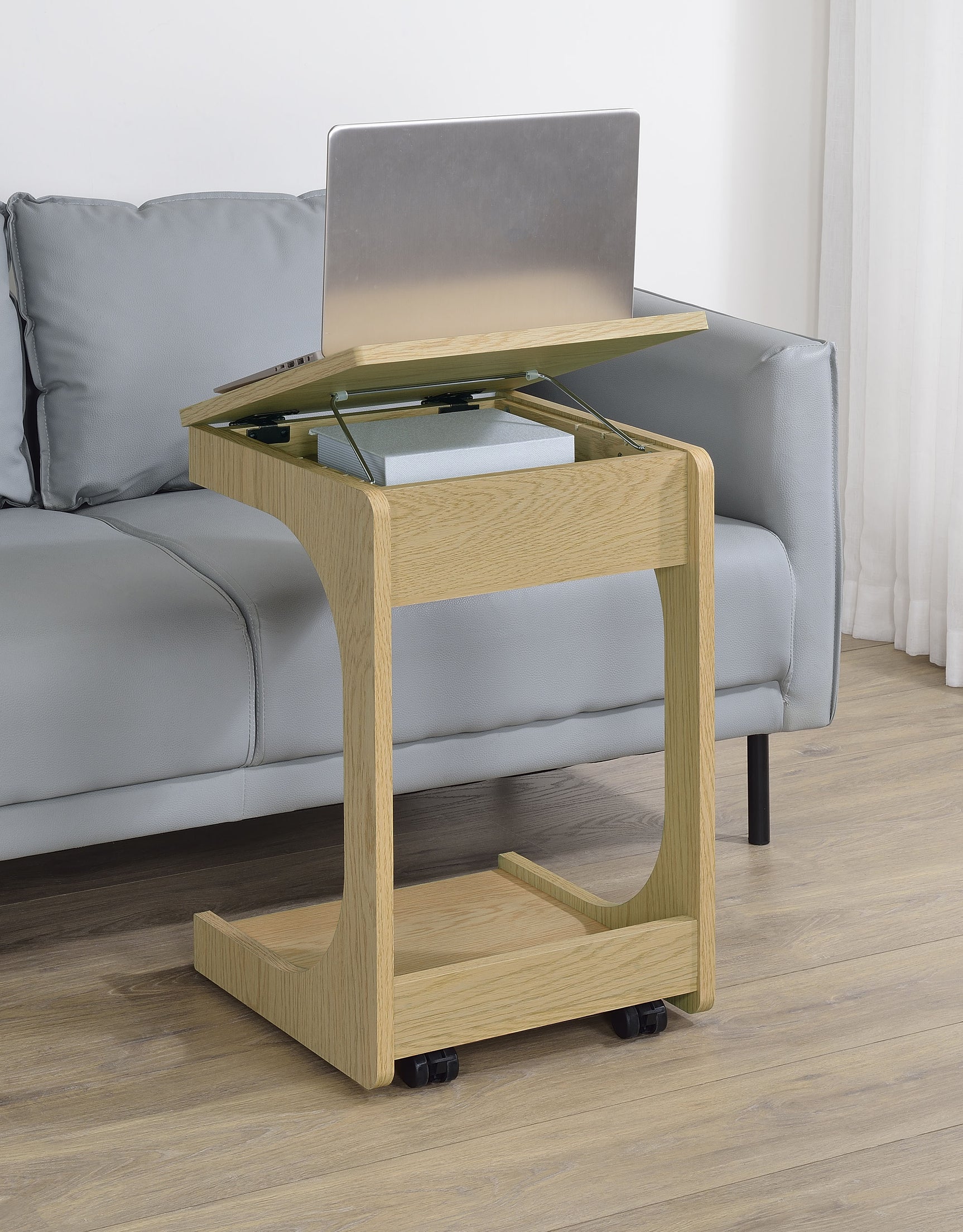 Ralston Light Oak C-Shaped Lift-Top Sofa Side Table With Casters - Ornate Home
