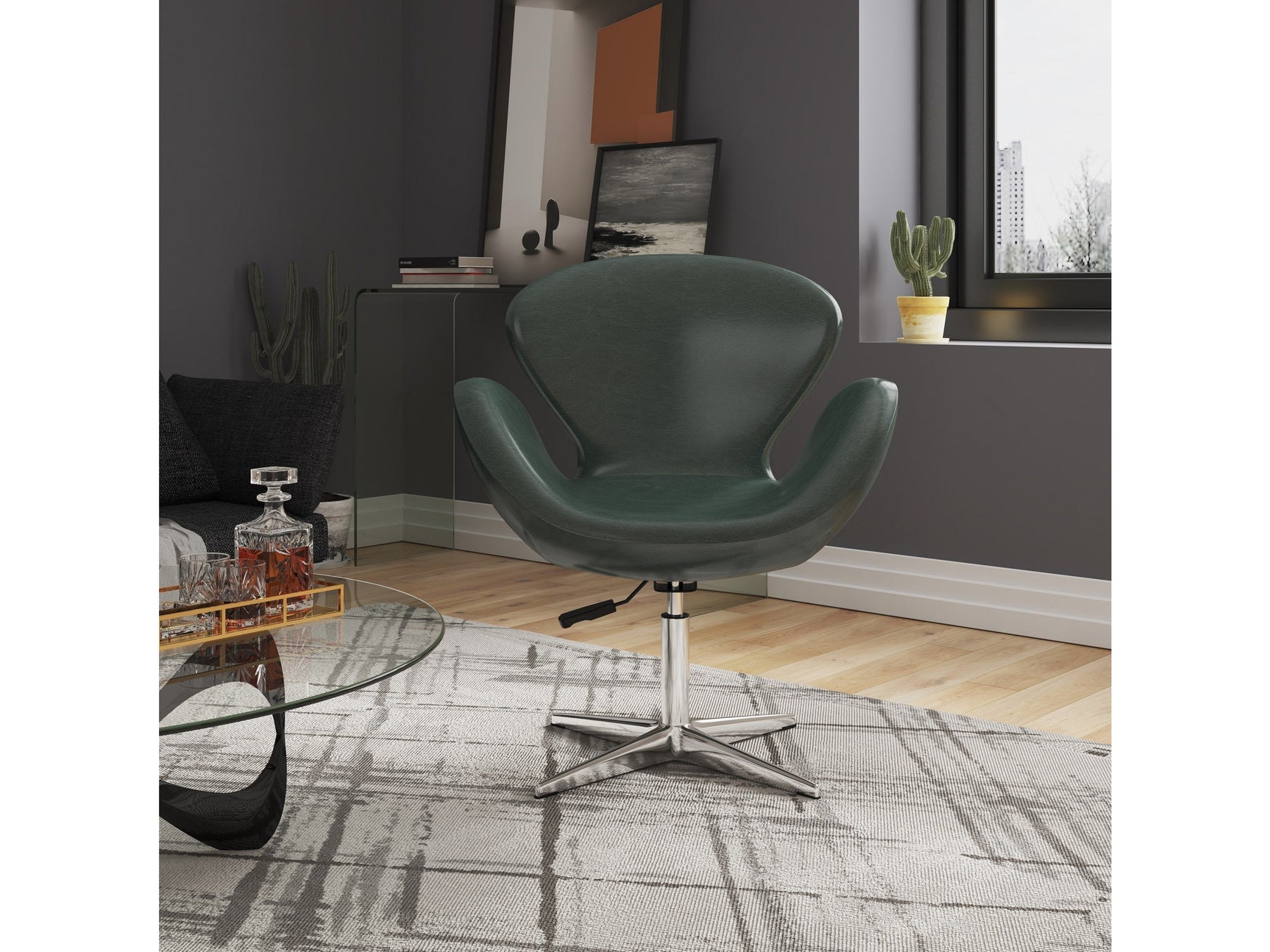 Raspberry Faux Leather Adjustable Swivel Chair in Forest Green and Polished Chrome (set of 2) - Ornate Home