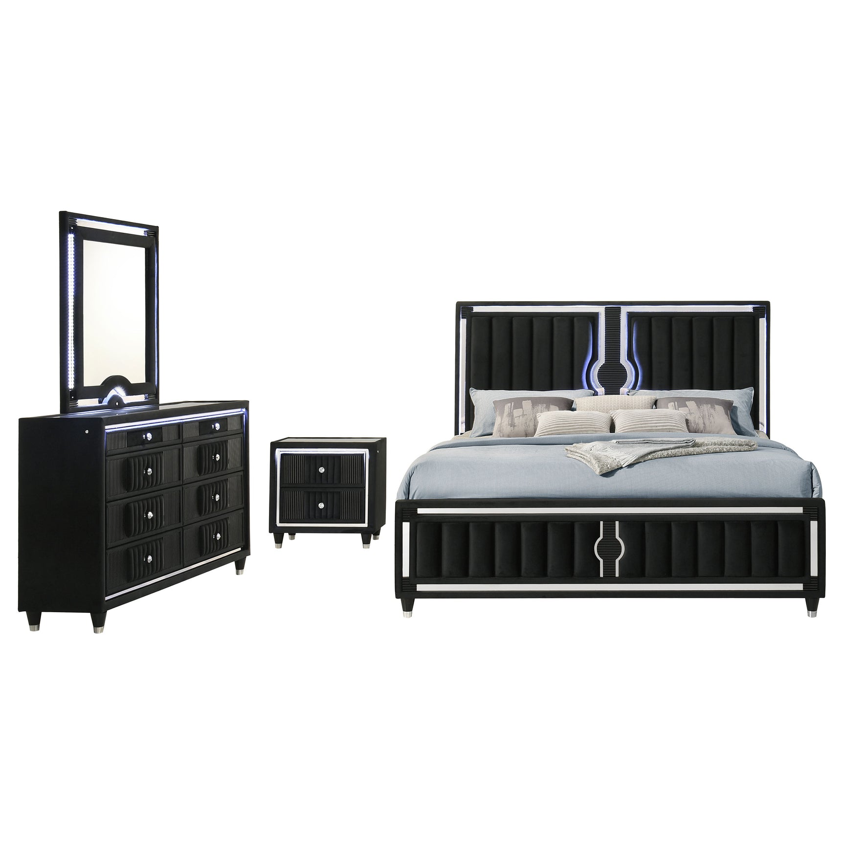 Ravenne Black 4-piece Velvet Upholstered Eastern King LED Bedroom Set - Ornate Home