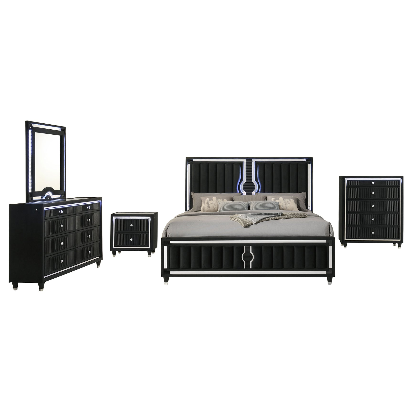 Ravenne Black 5-piece Velvet Upholstered Eastern King LED Bedroom Set - Ornate Home