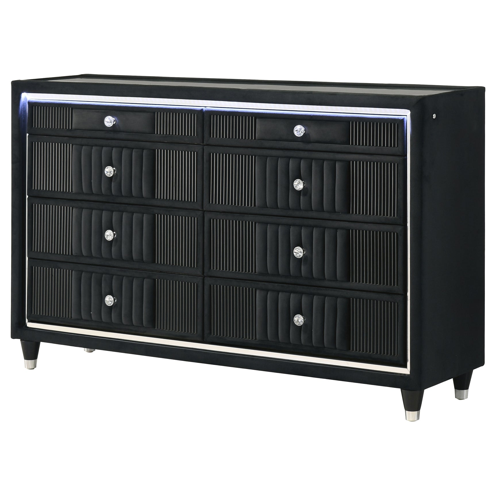 Ravenne Black 8-drawer Velvet Upholstered LED Dresser Cabinet - Ornate Home