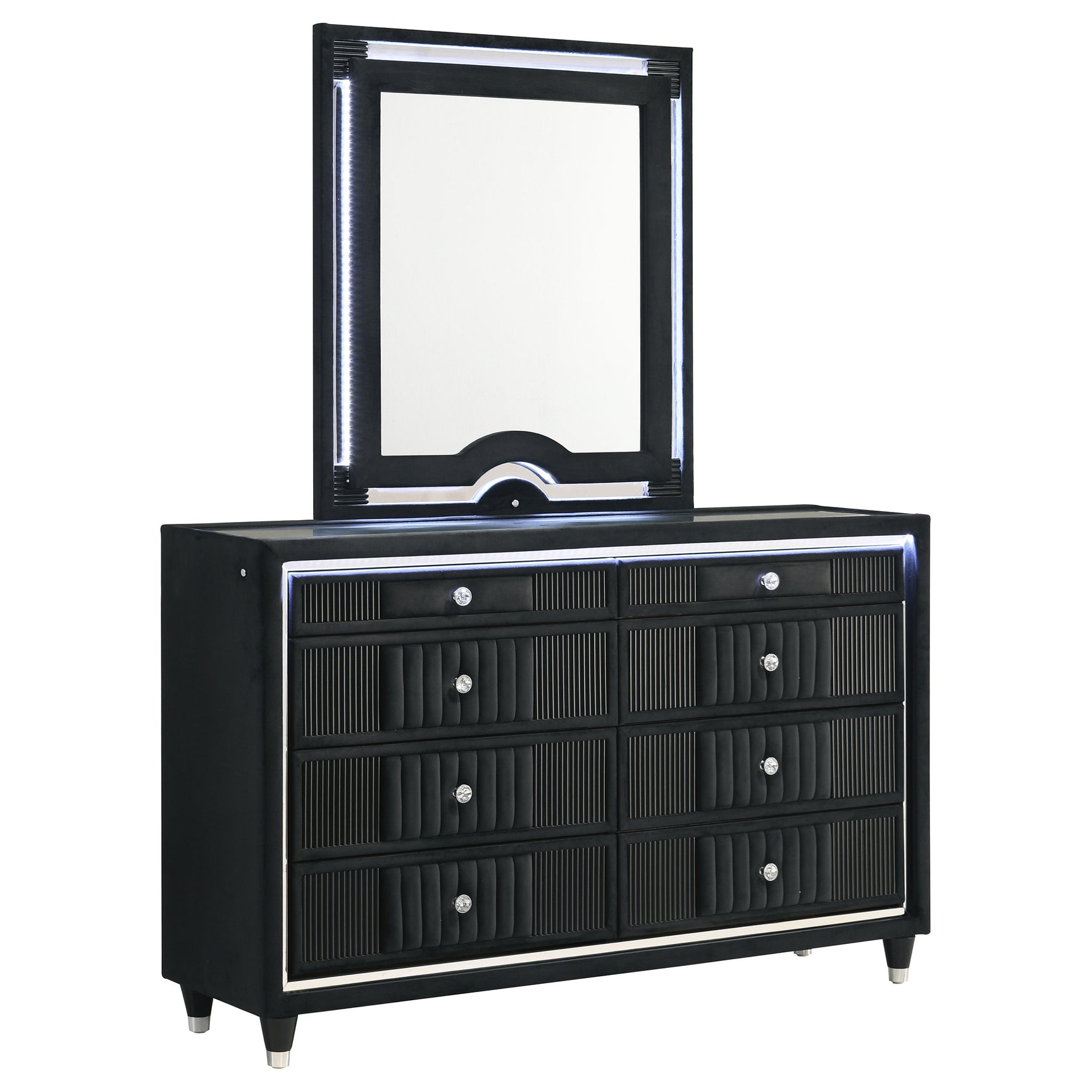 Ravenne Black 8-drawer Velvet Upholstered LED Dresser and Mirror - Ornate Home
