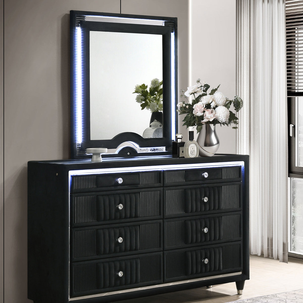 black led dresser Shoralli 6 Drawer with and Rectangular Mirror The mirror is adorned with LED trim to add a flattering glow to your getting Coaster Ravenne Black 8-drawer Velvet