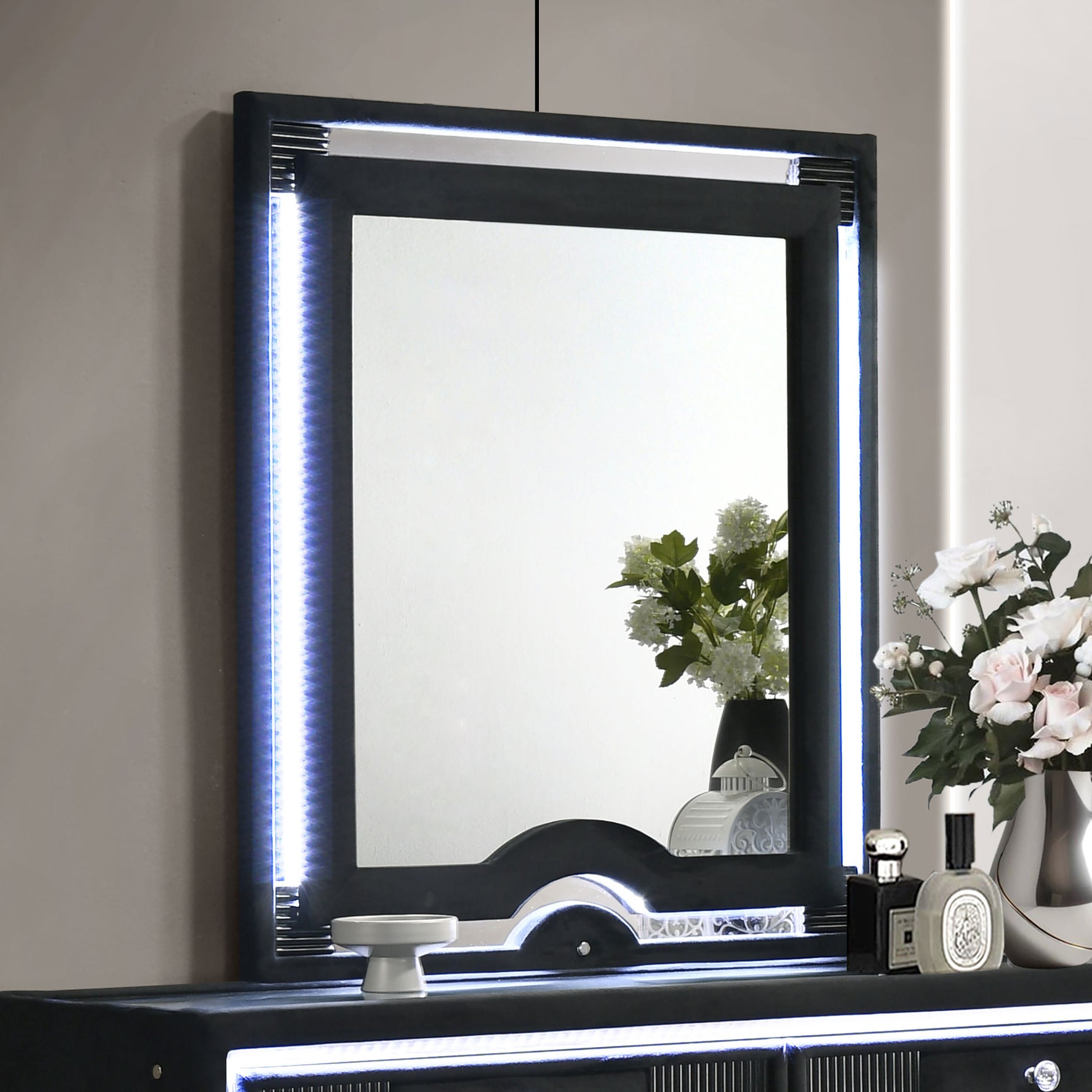 Ravenne Black Velvet Upholstered LED Dresser Mirror - Ornate Home